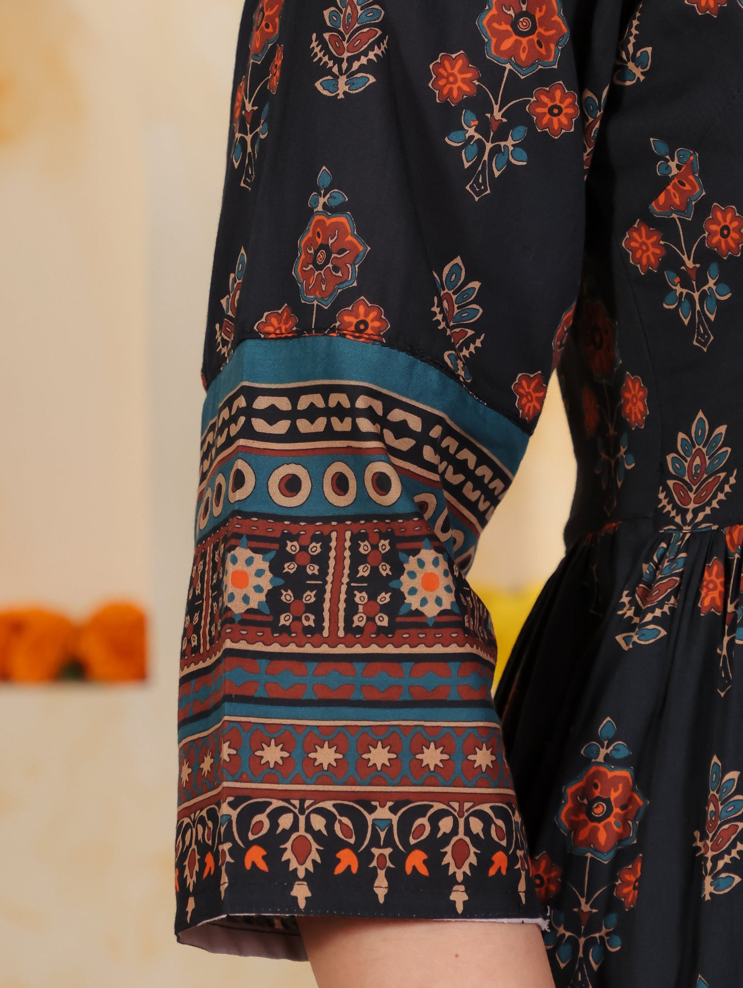 Soft Cotton Geometric Anarkali Black Kurta