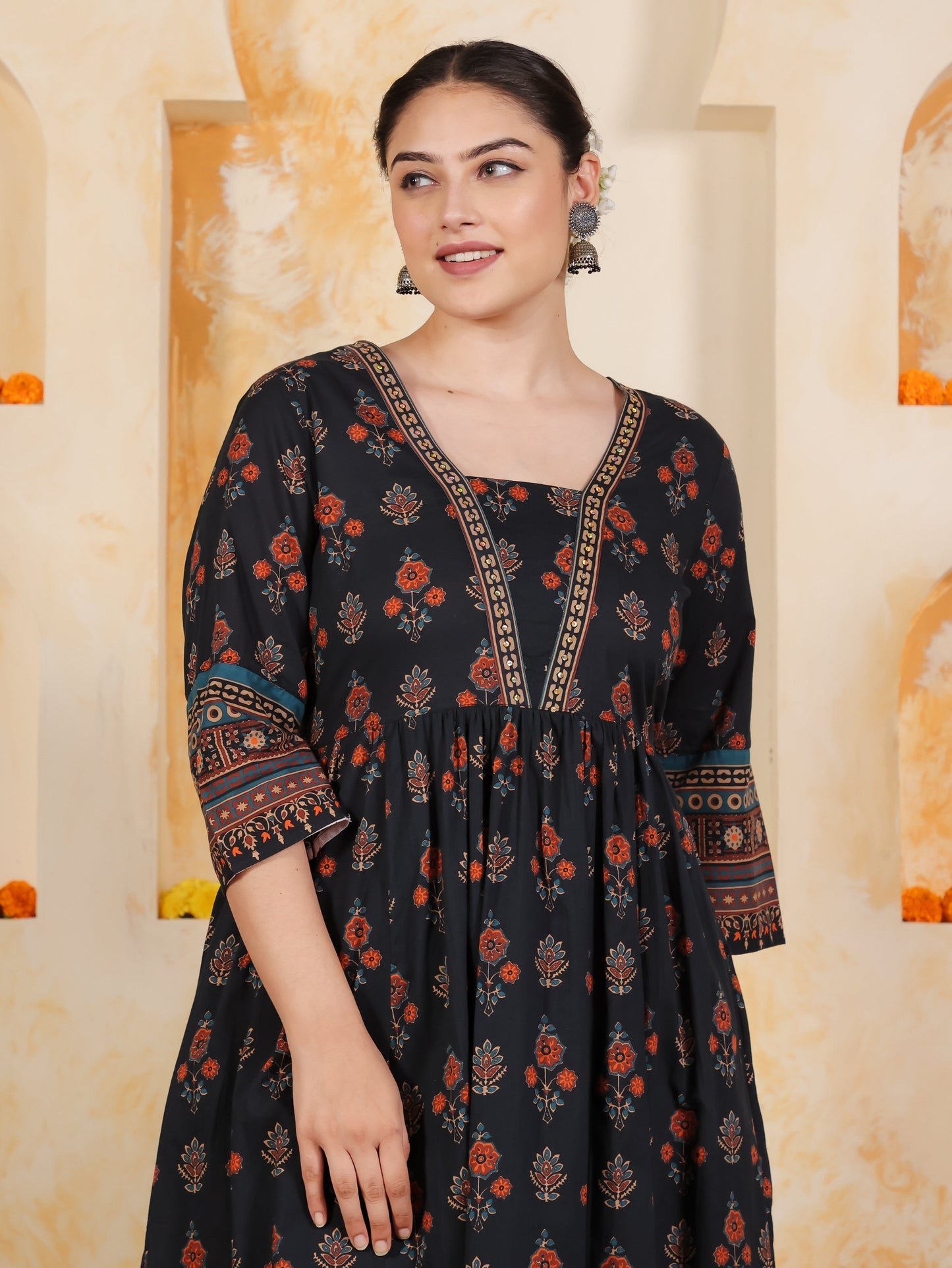 Soft Cotton Geometric Anarkali Black Kurta