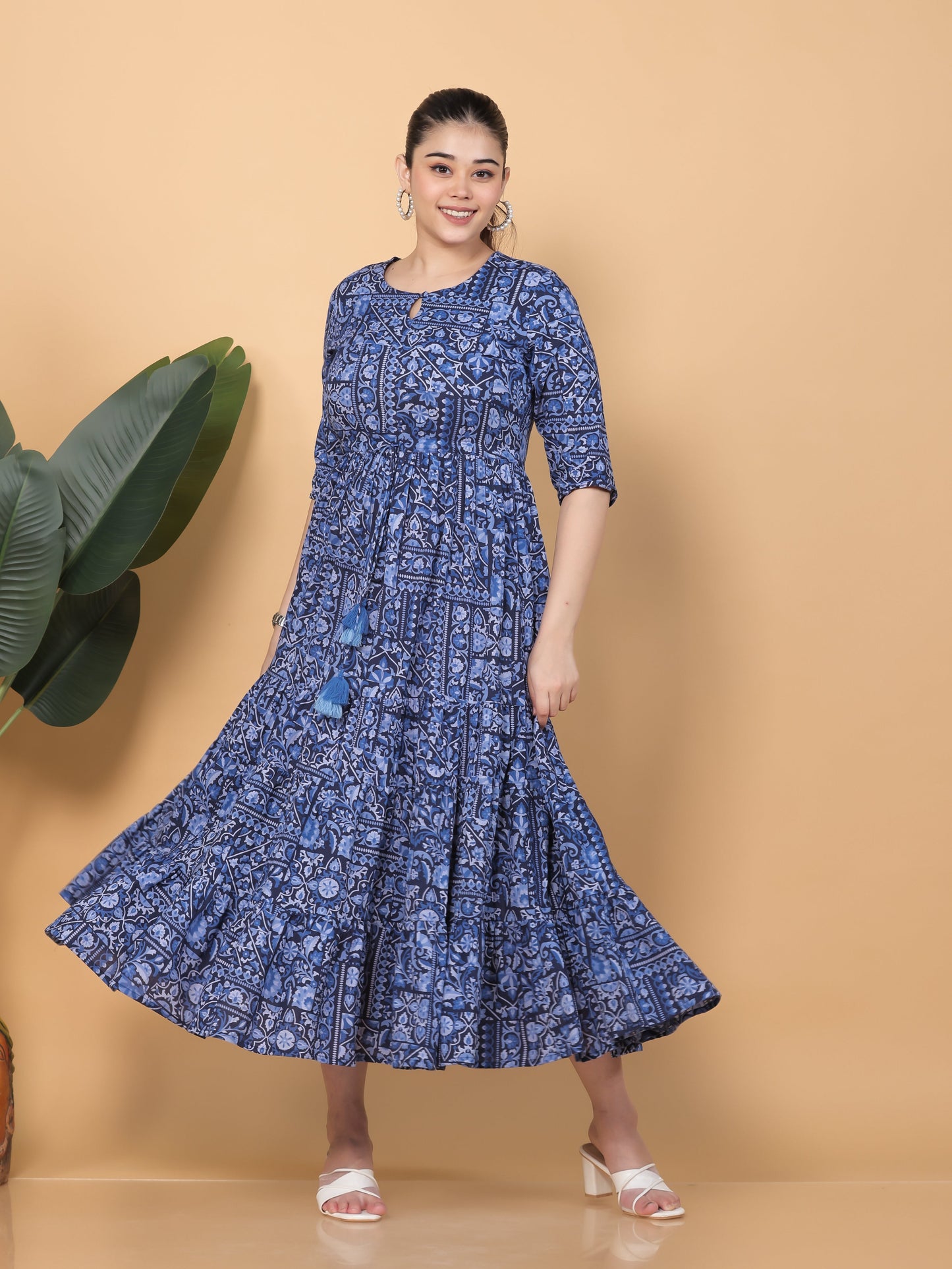 Soft Cotton Patchwork Anarkali Blue Dress