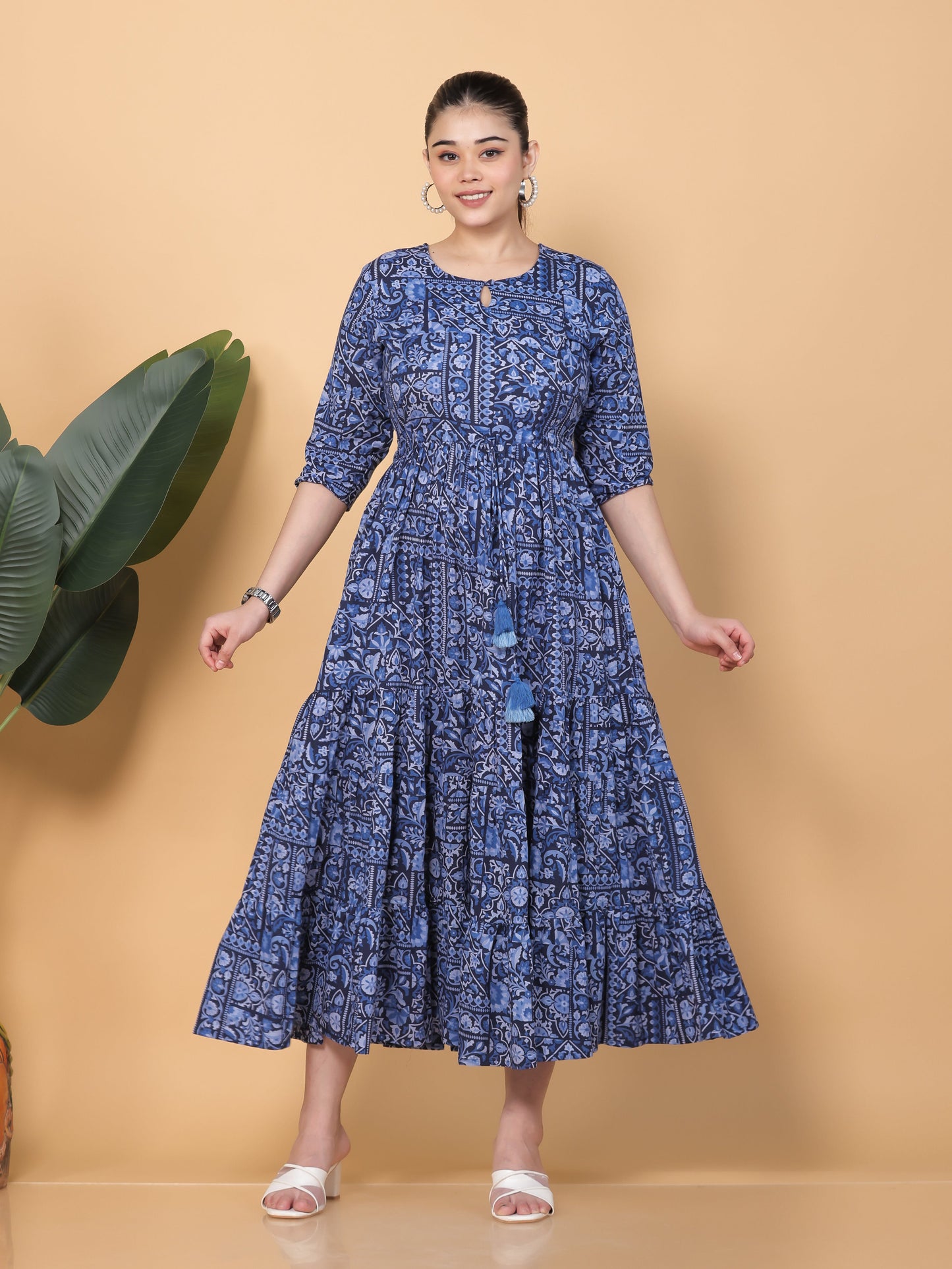 Soft Cotton Patchwork Anarkali Blue Dress