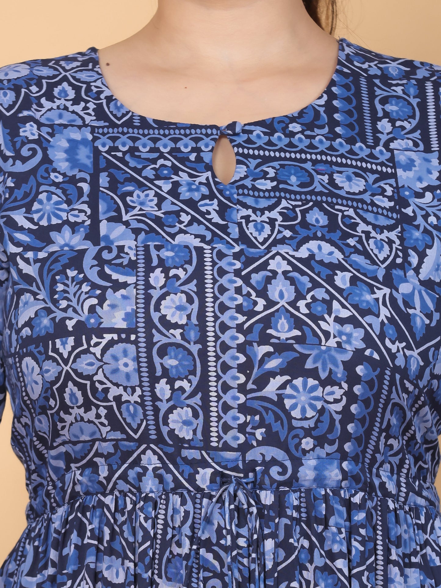 Soft Cotton Patchwork Anarkali Blue Dress
