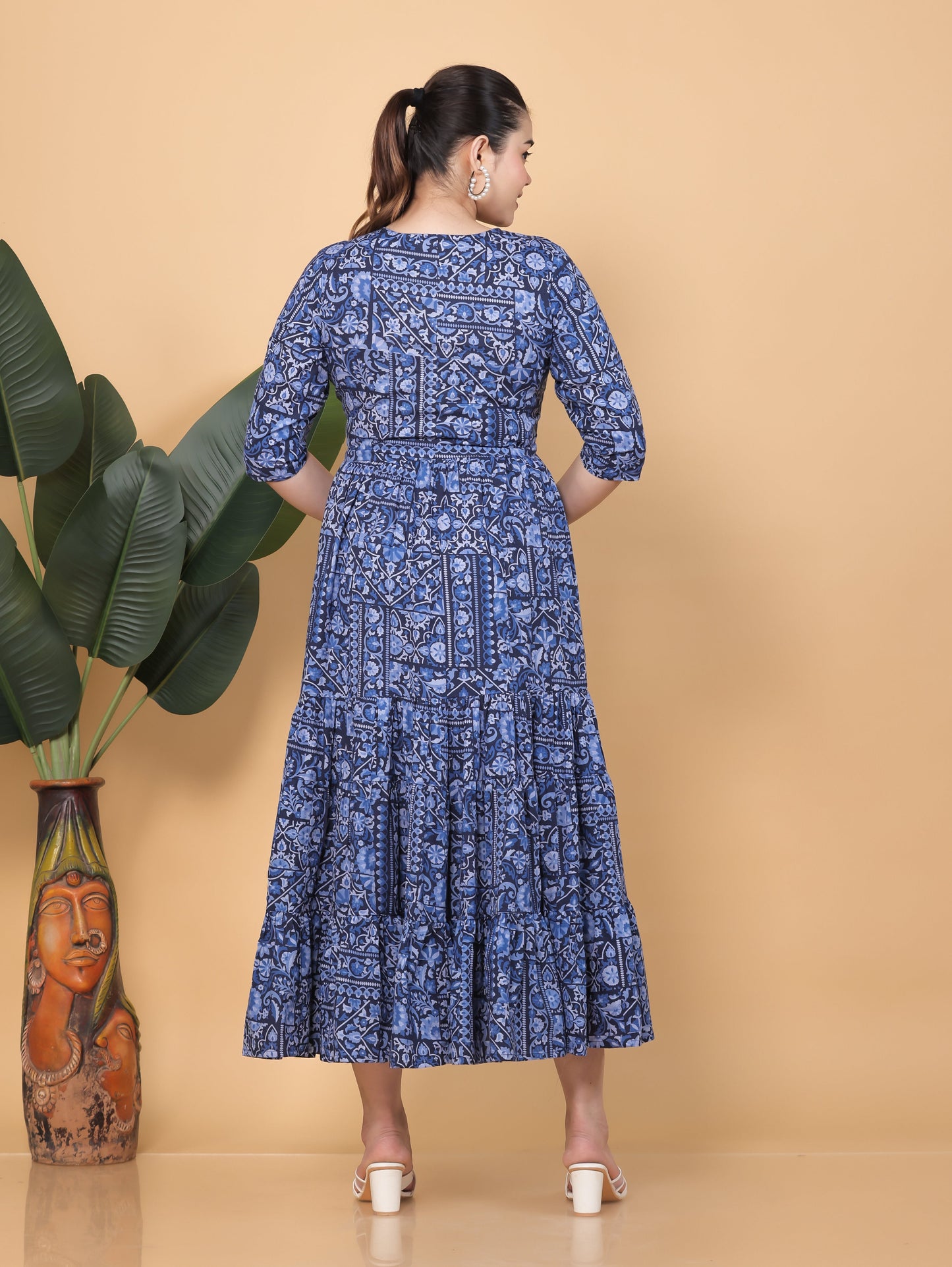 Soft Cotton Patchwork Anarkali Blue Dress