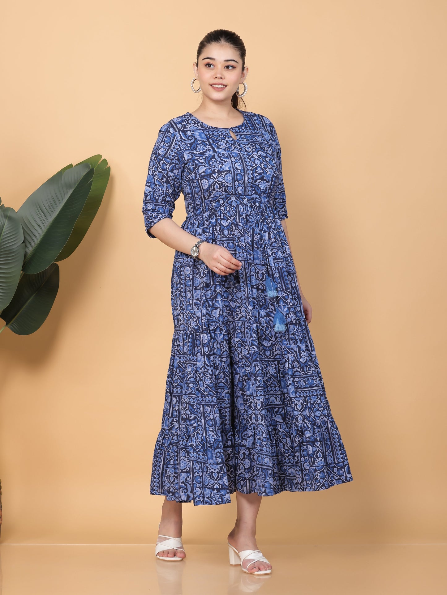 Soft Cotton Patchwork Anarkali Blue Dress