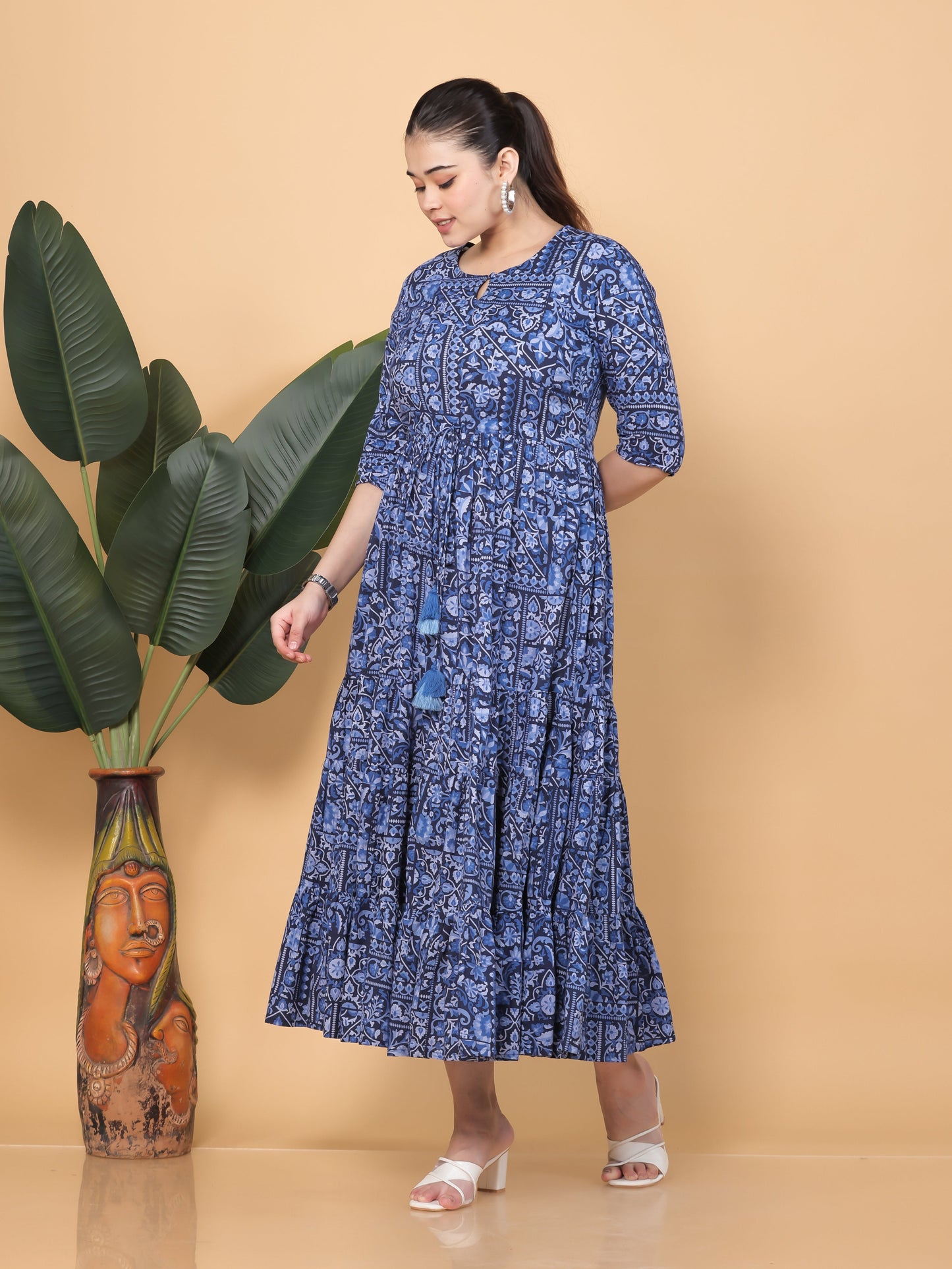 Soft Cotton Patchwork Anarkali Blue Dress