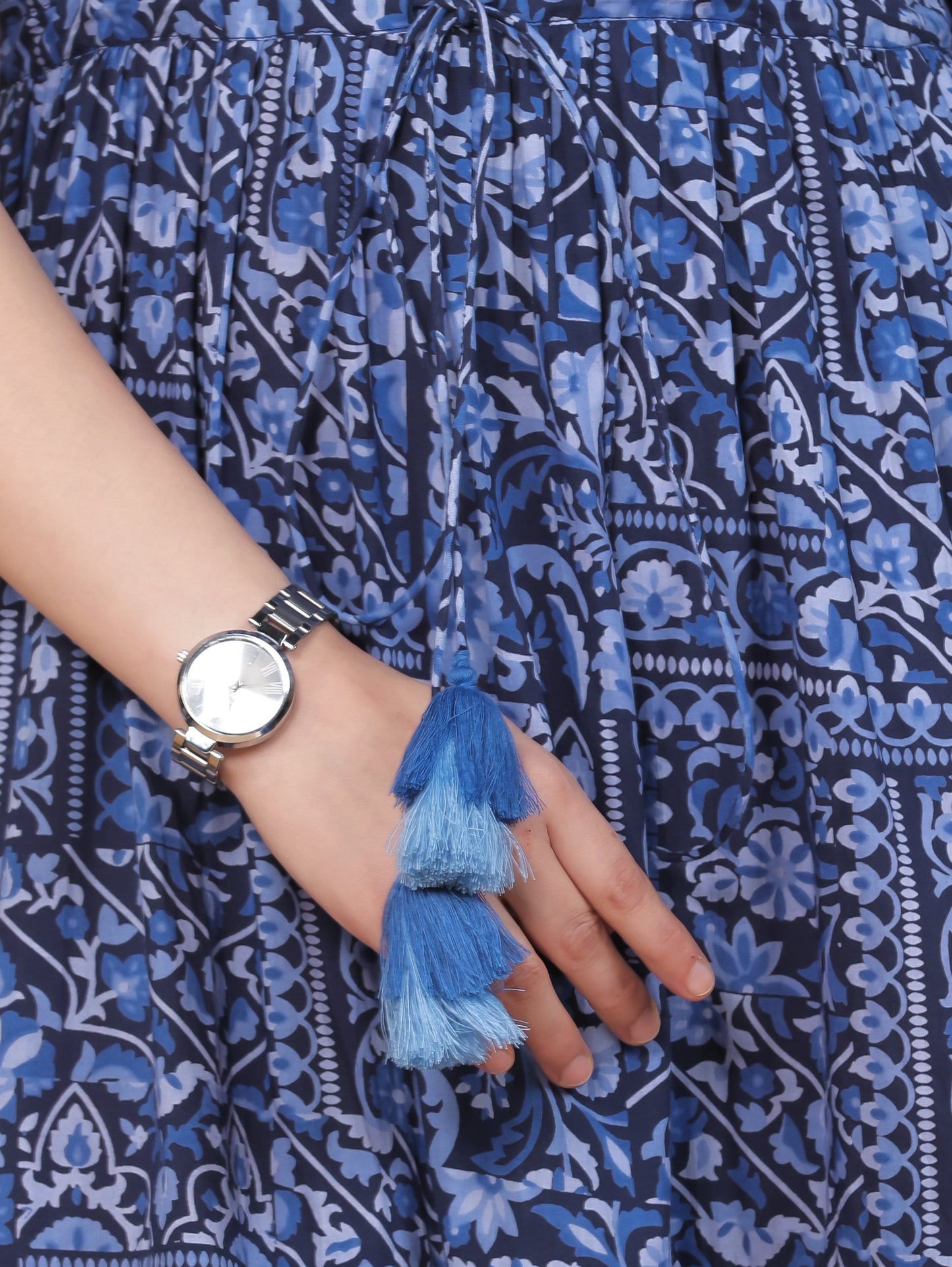 Soft Cotton Patchwork Anarkali Blue Dress