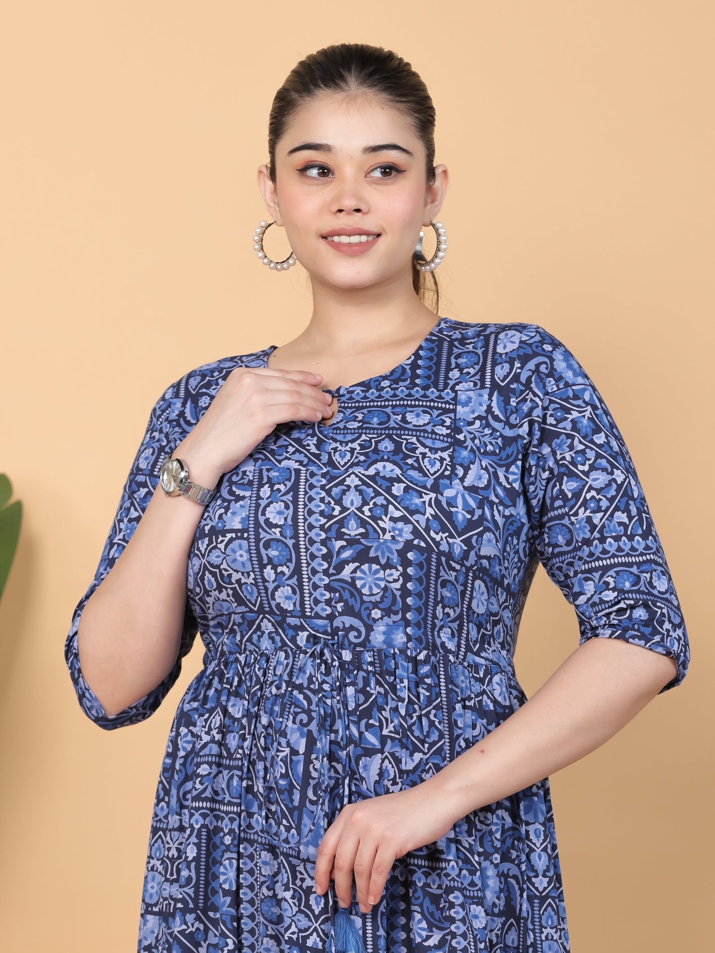 Soft Cotton Patchwork Anarkali Blue Dress