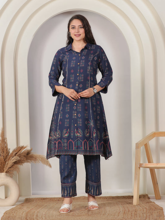 Viscose Peacock High Low Navy Blue Kurta