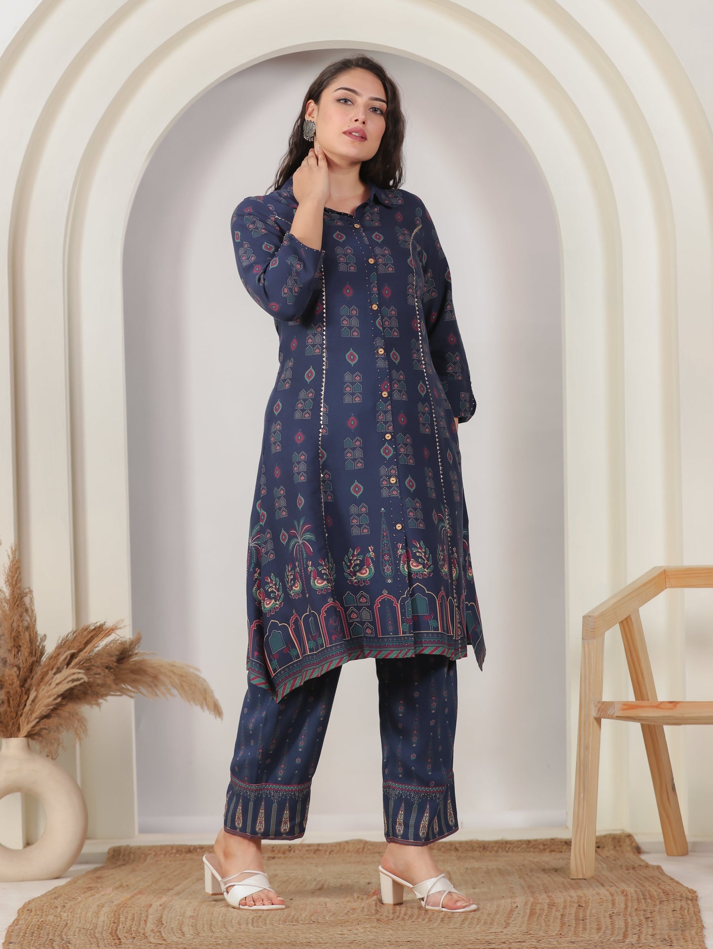Viscose Peacock High Low Navy Blue Kurta