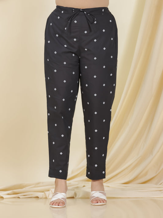Soft Cotton Geometric Black Tapered Trousers