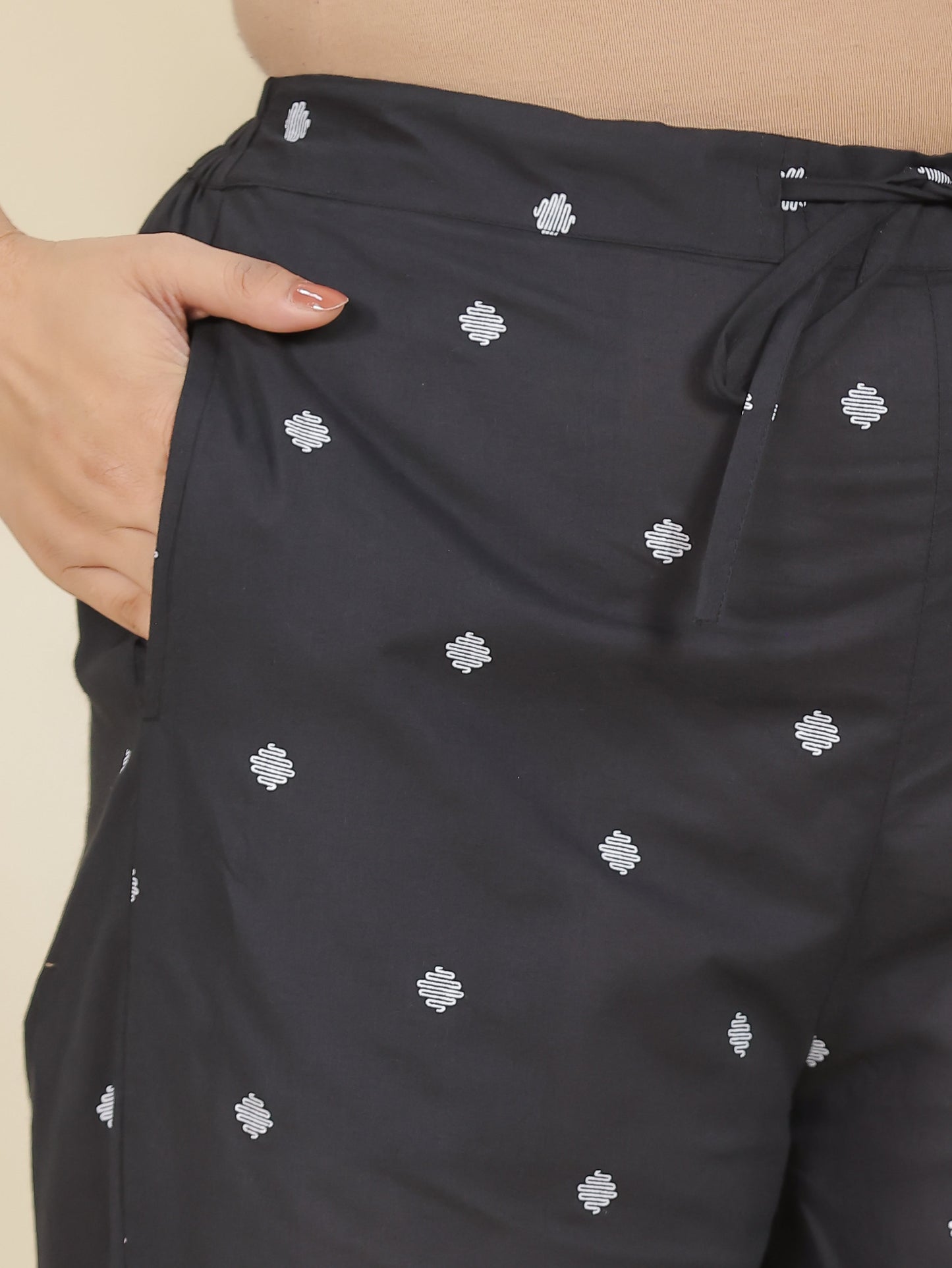 Soft Cotton Geometric Black Tapered Trousers