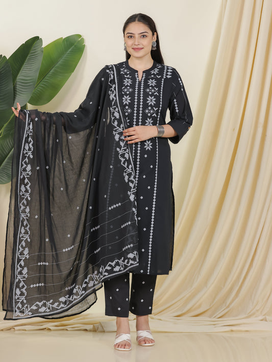 Cotton Voile Geometric Black Dupatta