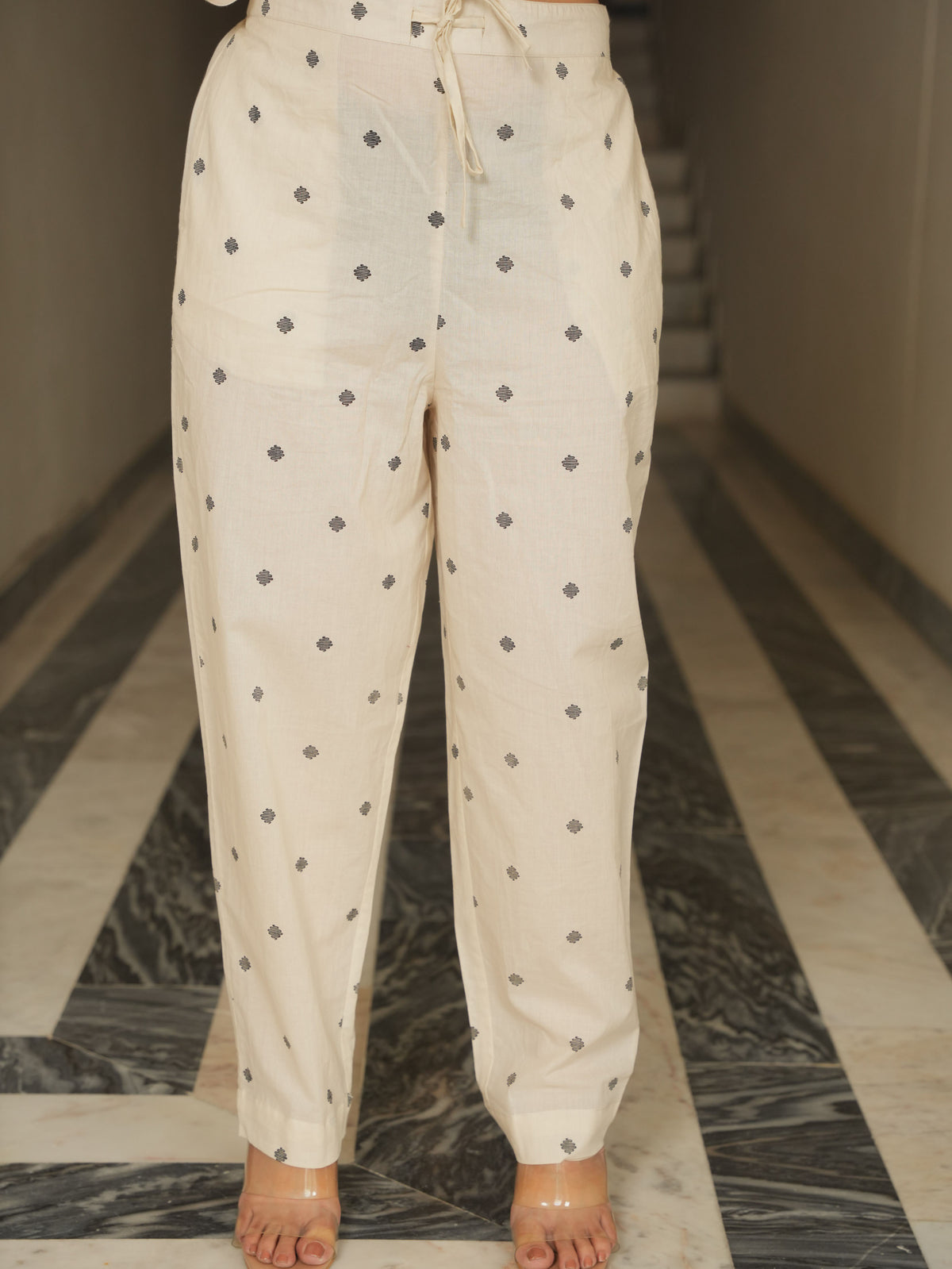 Soft Cotton Geometric Cream Tapered Trousers