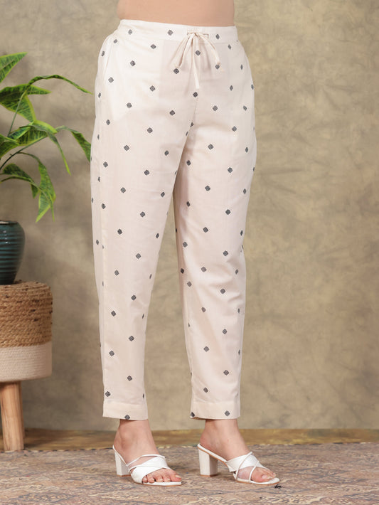 Soft Cotton Geometric Cream Tapered Trousers