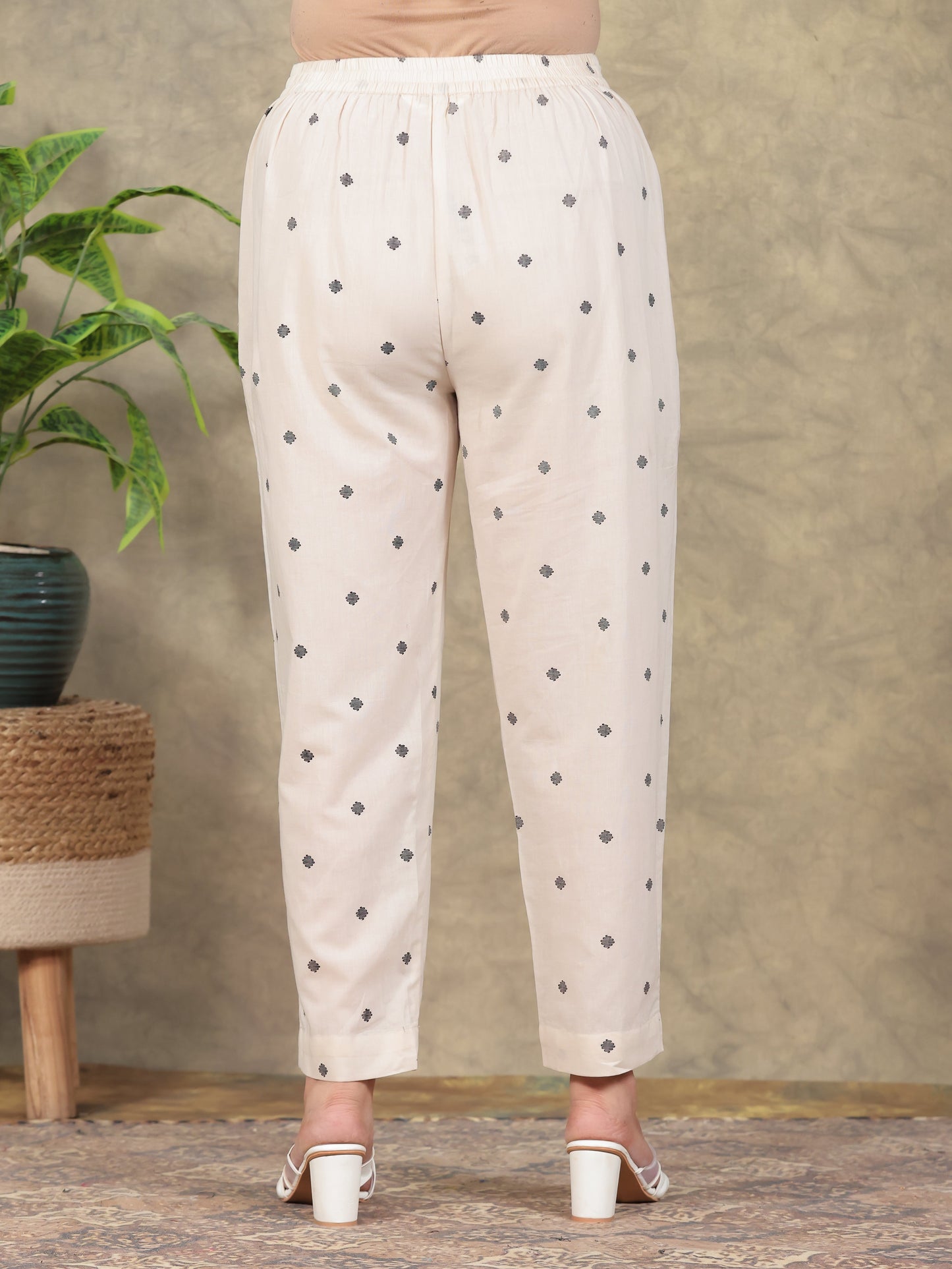 Soft Cotton Geometric Cream Tapered Trousers