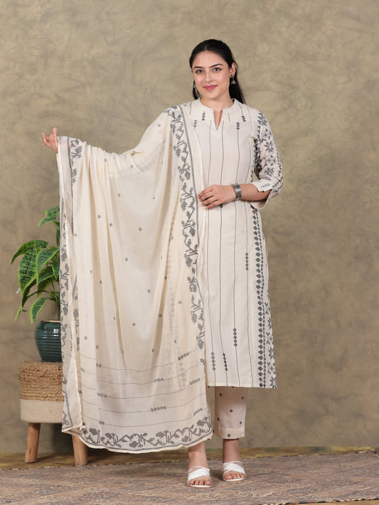 Cotton Voile Geometric Cream Dupatta