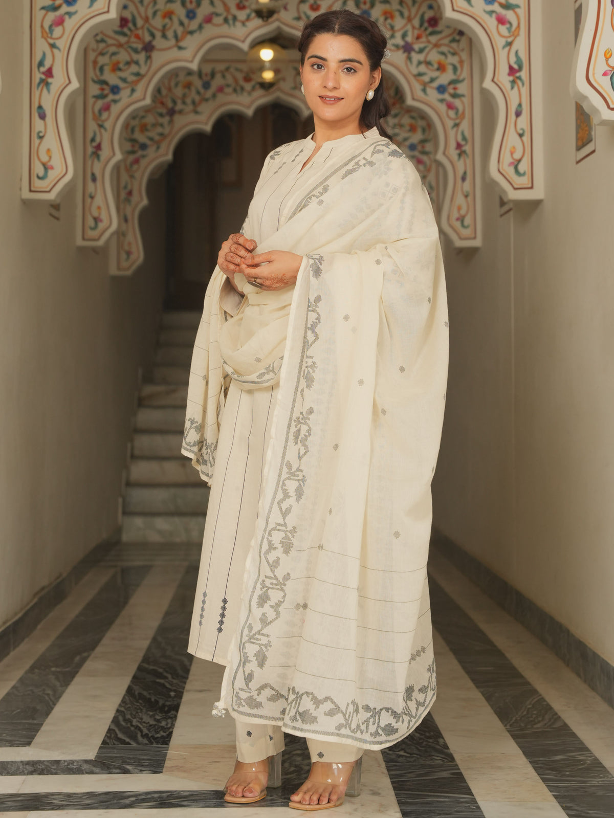 Cotton Voile Geometric Cream Dupatta