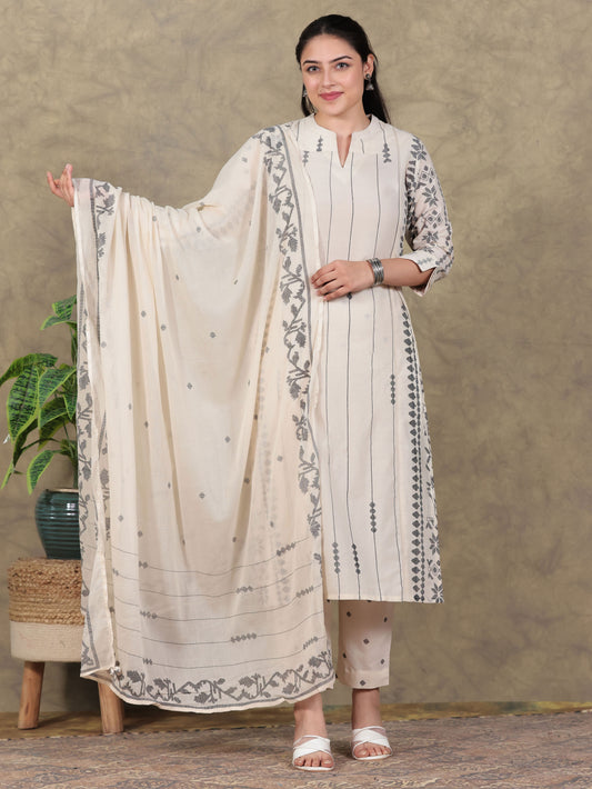 Cotton Voile Geometric Cream Dupatta