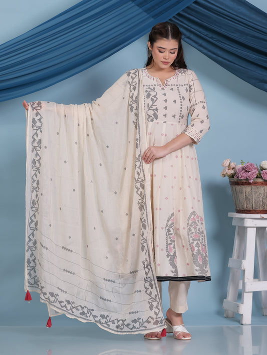 Cotton Voile Geometric Cream Dupatta
