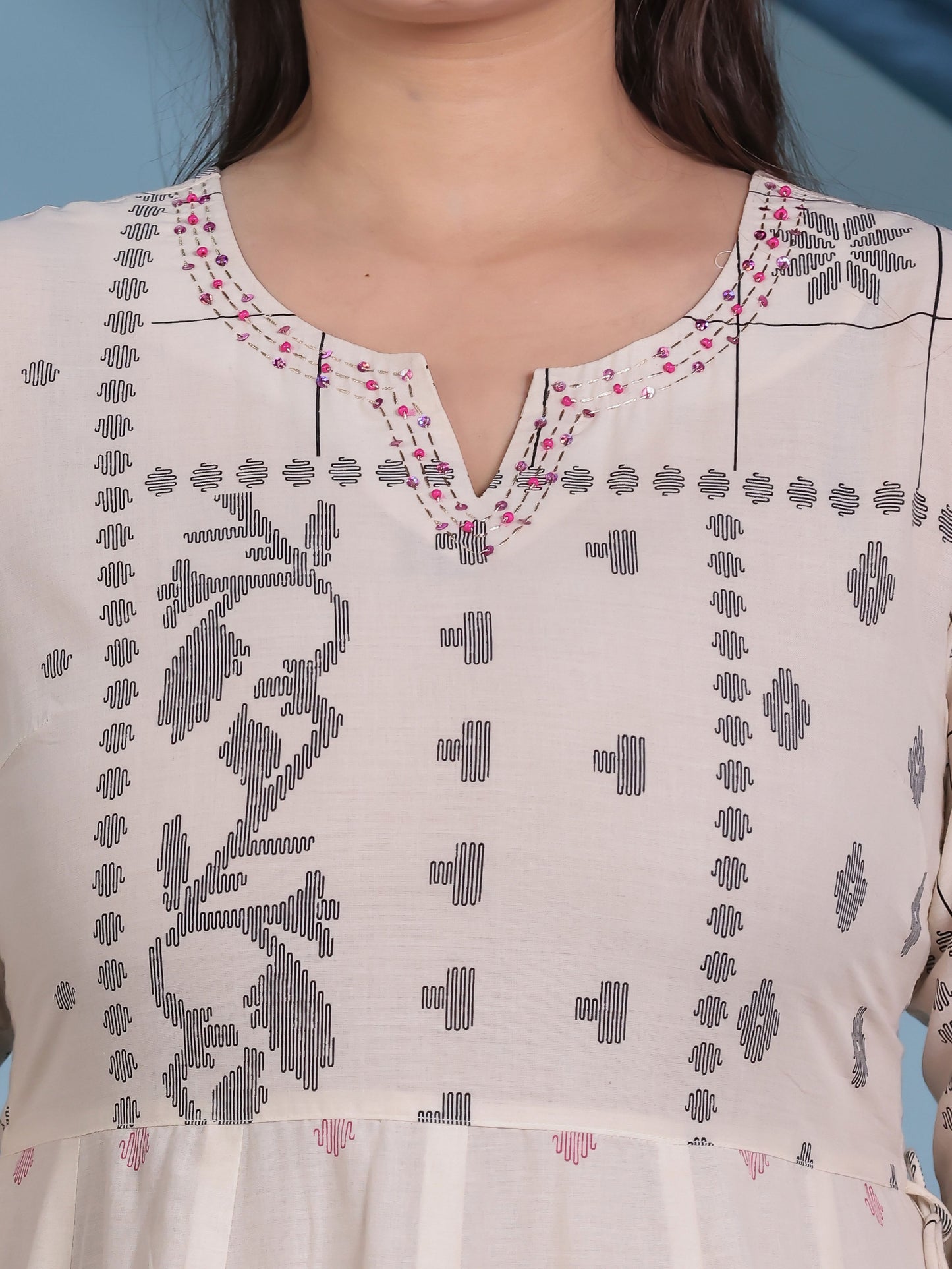 Soft Cotton Geometric Anarkali Cream Kurta