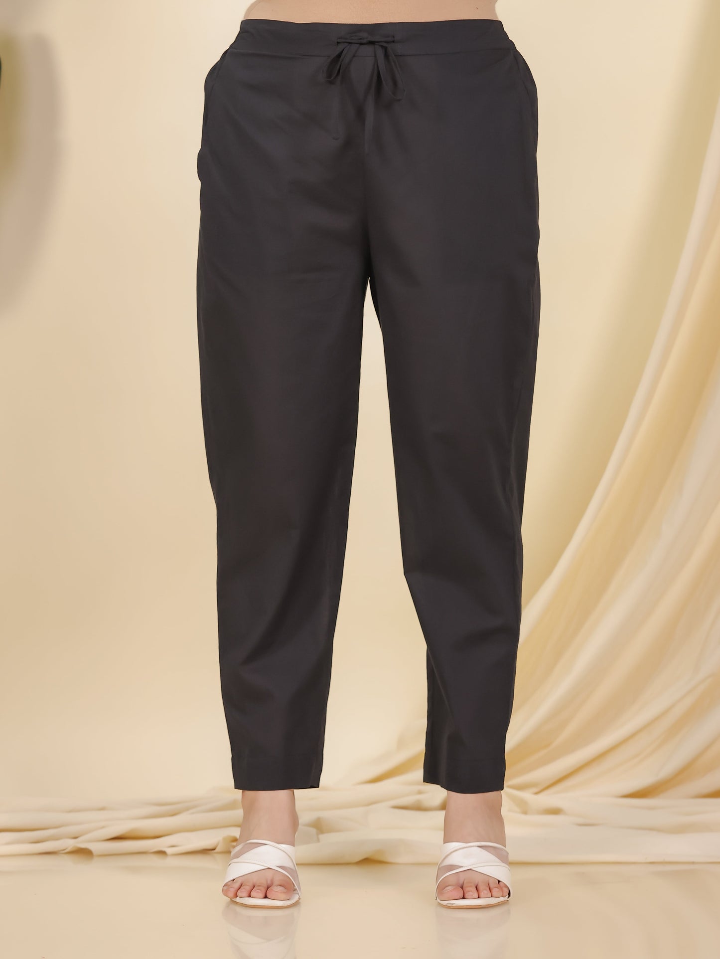 Soft Cotton Solid Black Tapered Trousers