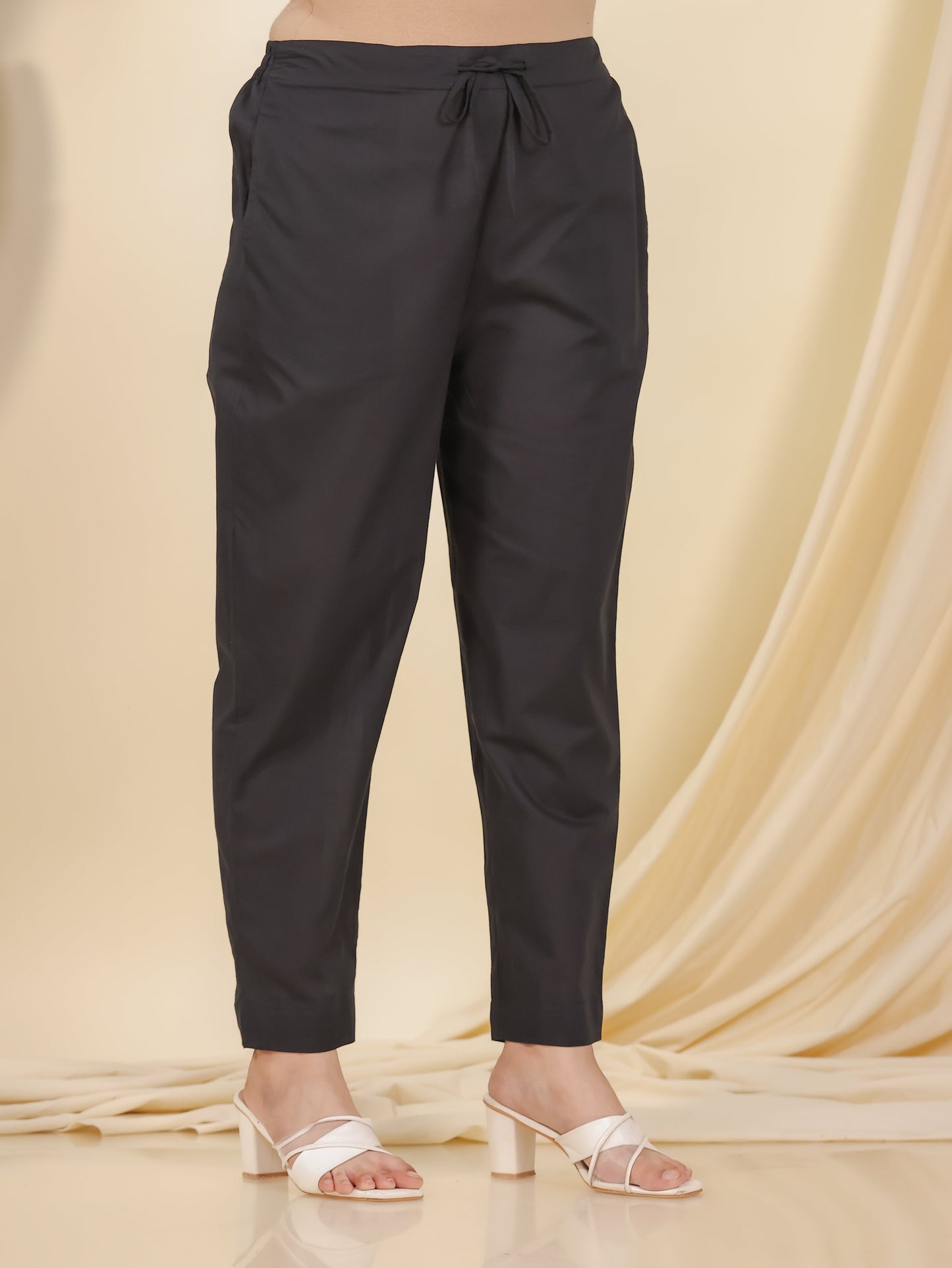 Soft Cotton Solid Black Tapered Trousers
