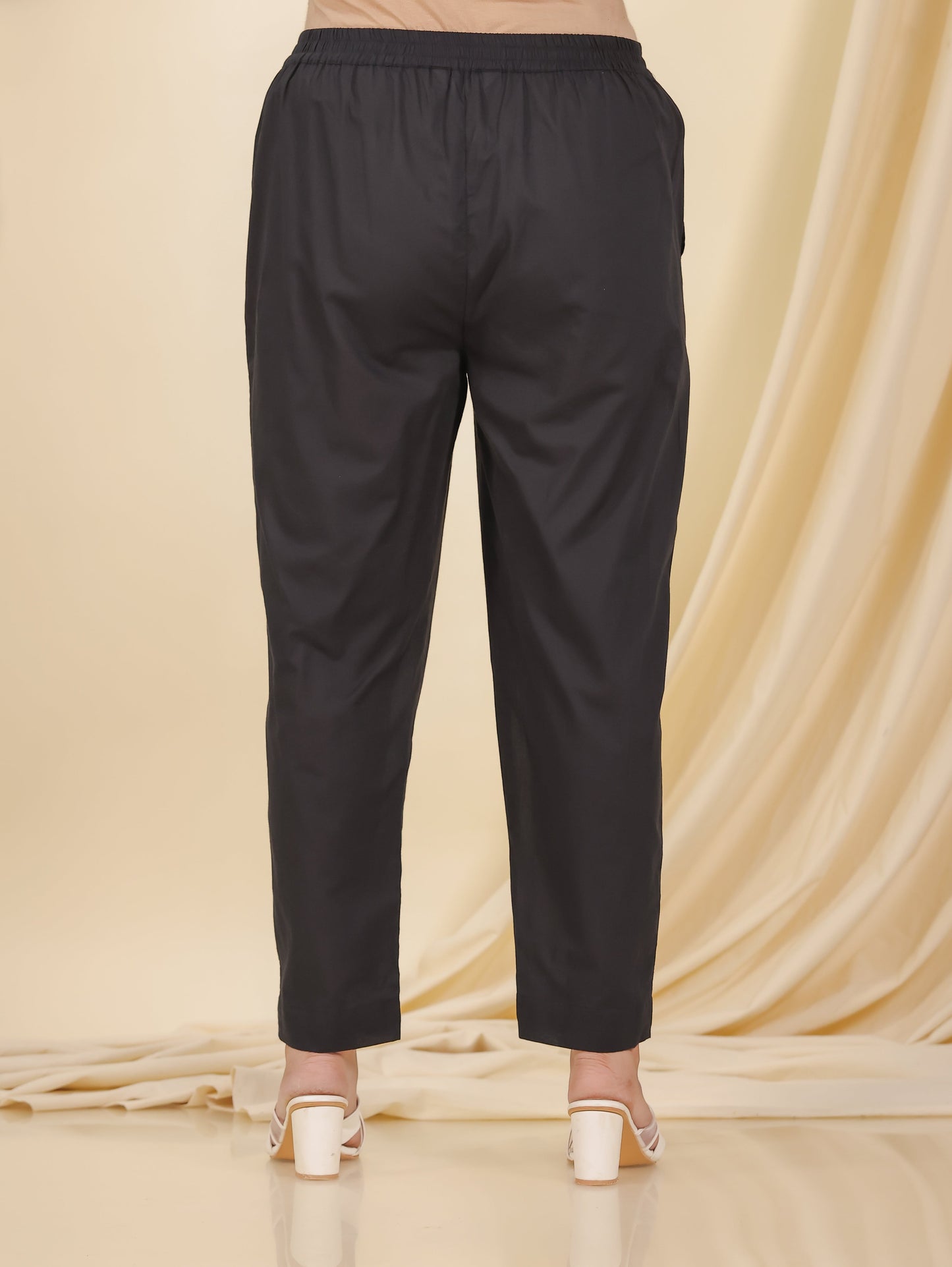 Soft Cotton Solid Black Tapered Trousers