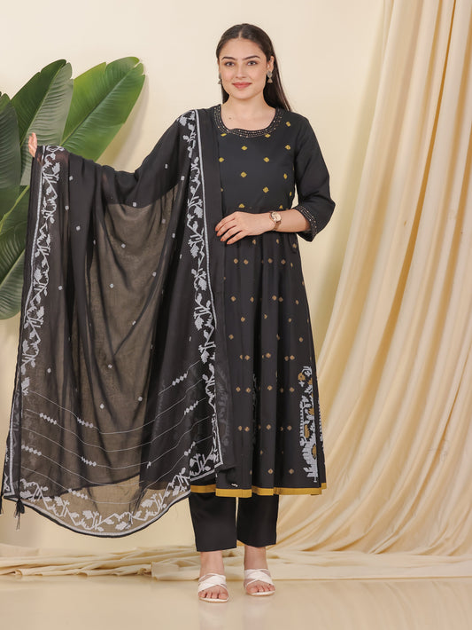 Cotton Voile Geometric Black Dupatta