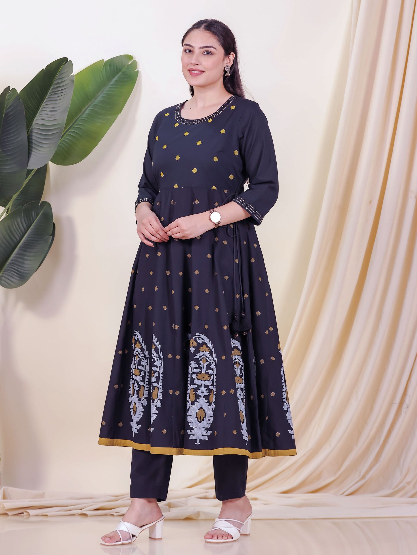 Embroidered Soft Cotton Geometric Anarkali Black Kurta