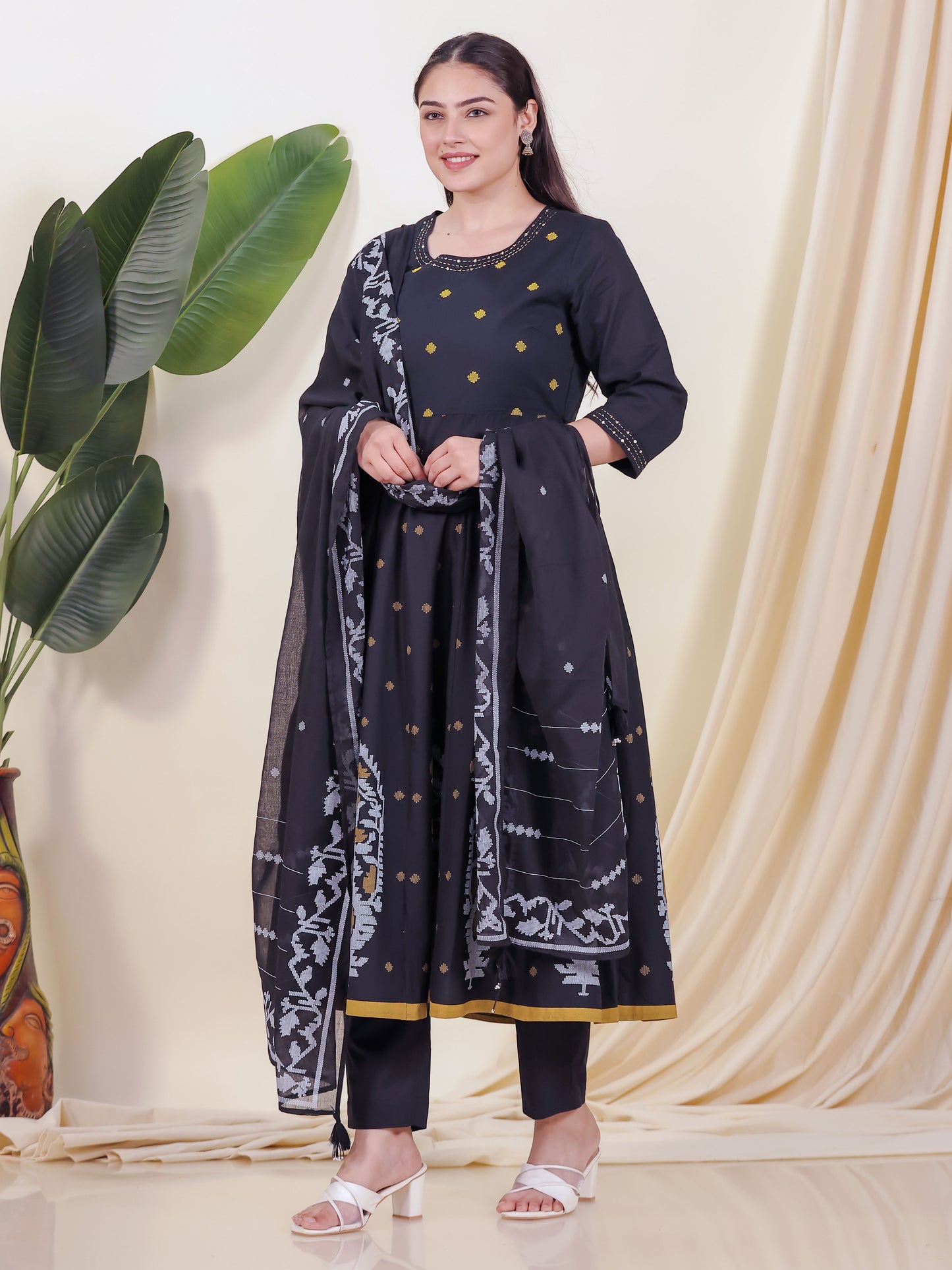 Embroidered Soft Cotton Geometric Anarkali Black Kurta