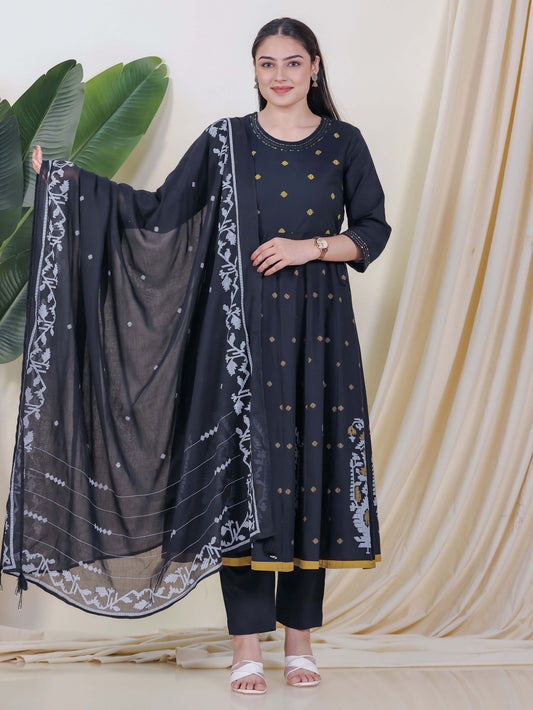 Embroidered Soft Cotton Geometric Anarkali Black Kurta