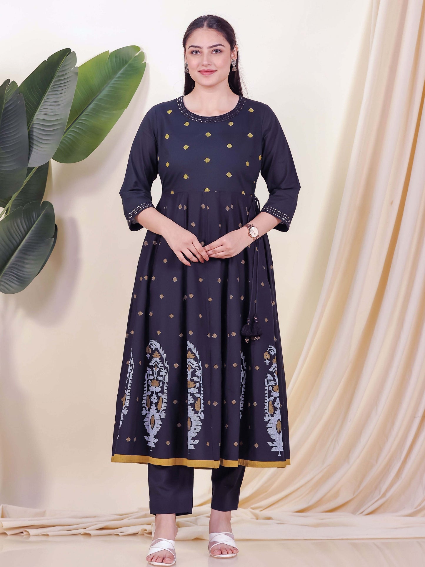 Embroidered Soft Cotton Geometric Anarkali Black Kurta