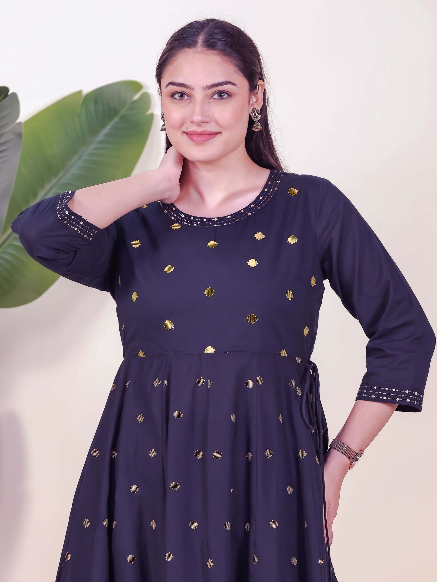 Embroidered Soft Cotton Geometric Anarkali Black Kurta