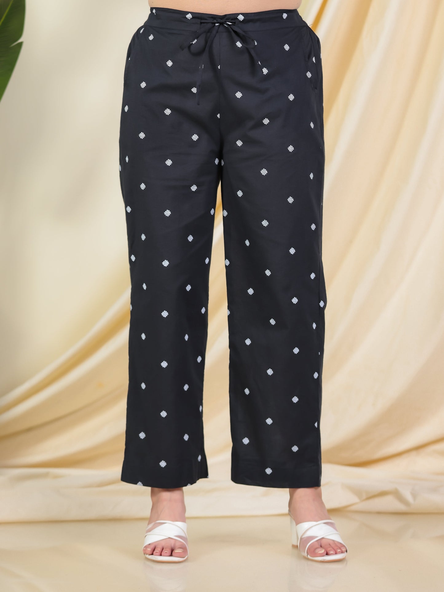 Soft Cotton Geometric Black Straight Trousers
