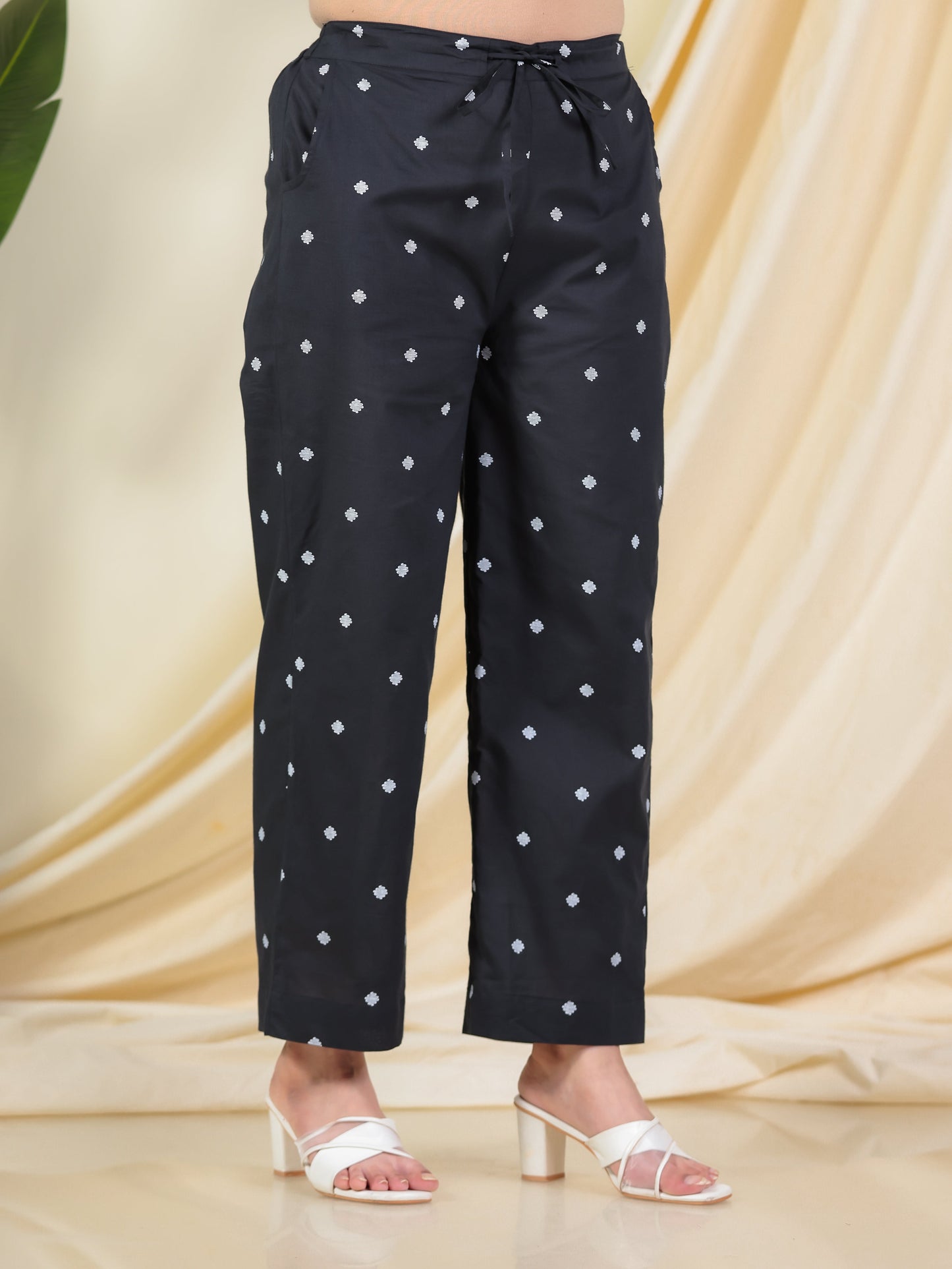 Soft Cotton Geometric Black Straight Trousers