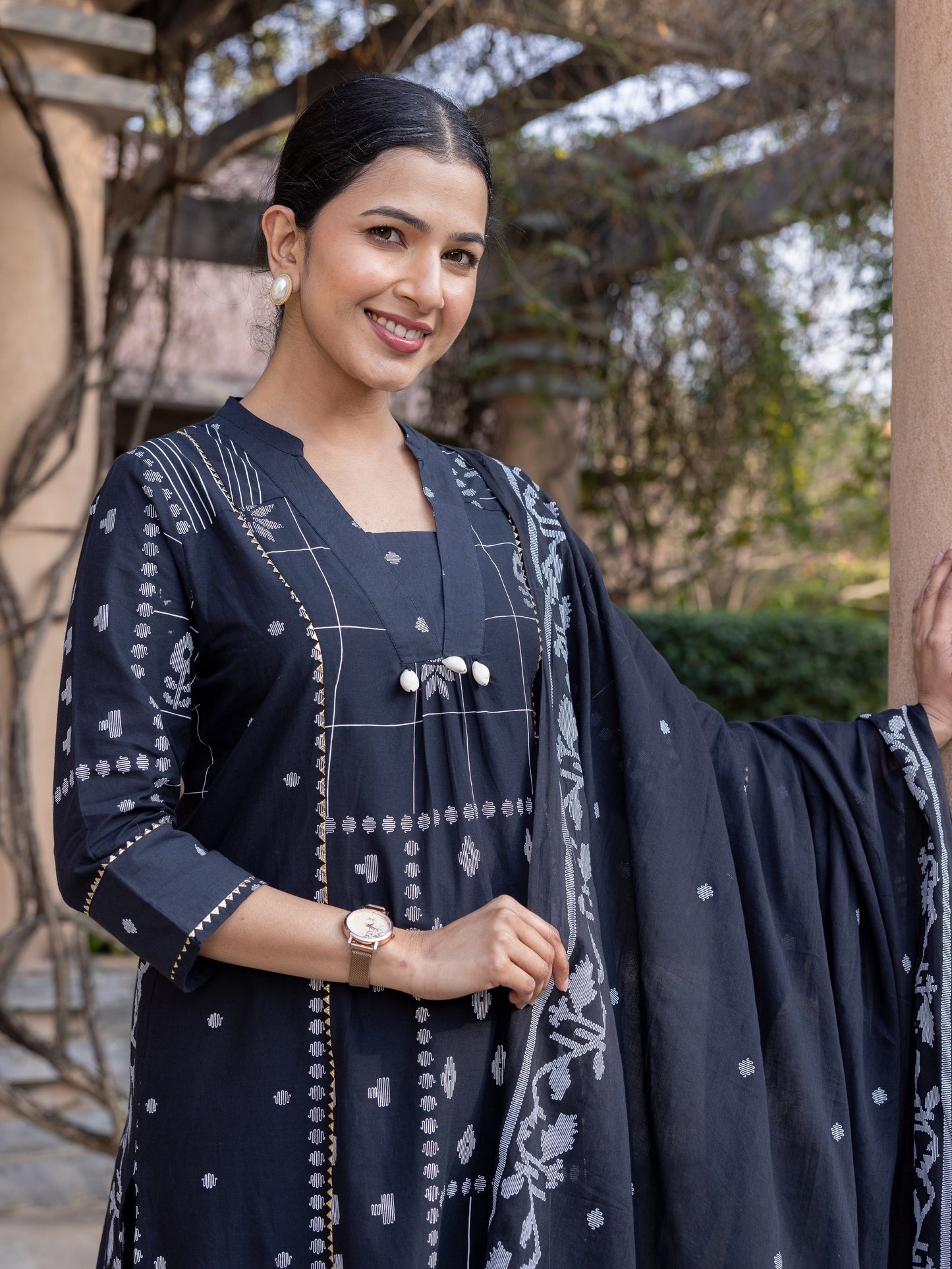 Soft Cotton Geometric Flared Black Kurta