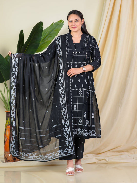 Cotton Voile Geometric Black Dupatta