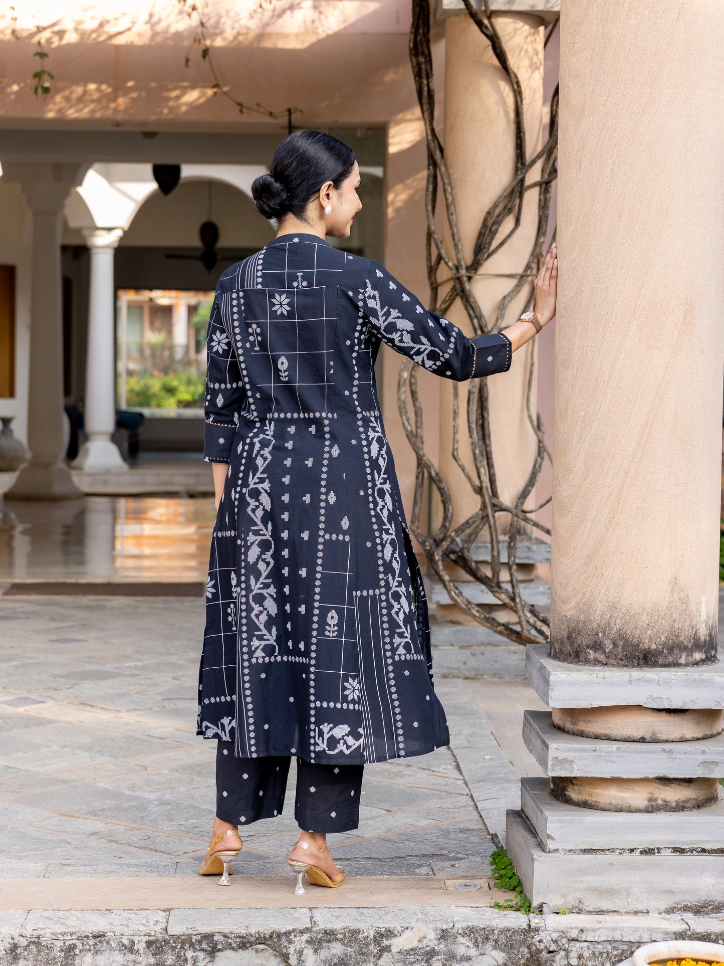 Soft Cotton Geometric Flared Black Kurta
