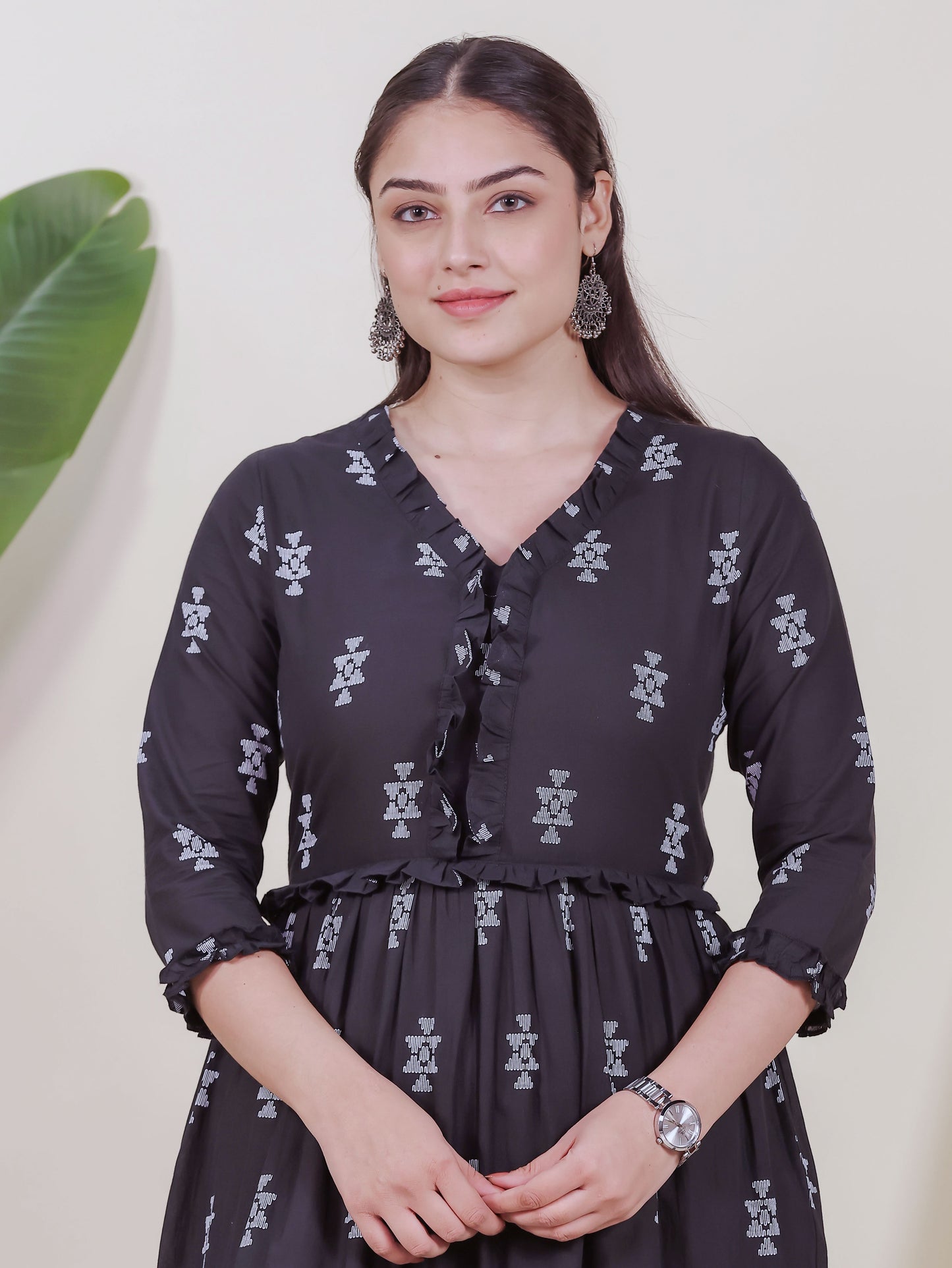 Soft Cotton Geometric Anarkali Black Dress