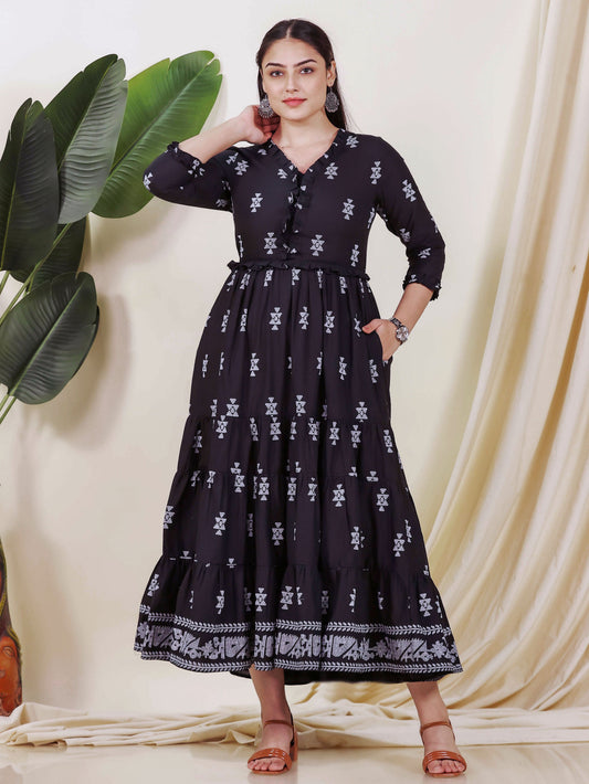 Soft Cotton Geometric Anarkali Black Dress