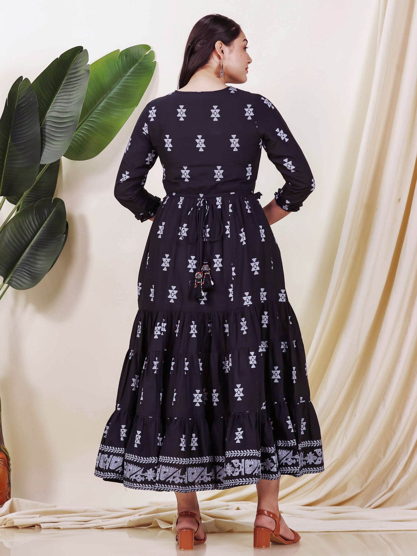 Soft Cotton Geometric Anarkali Black Dress
