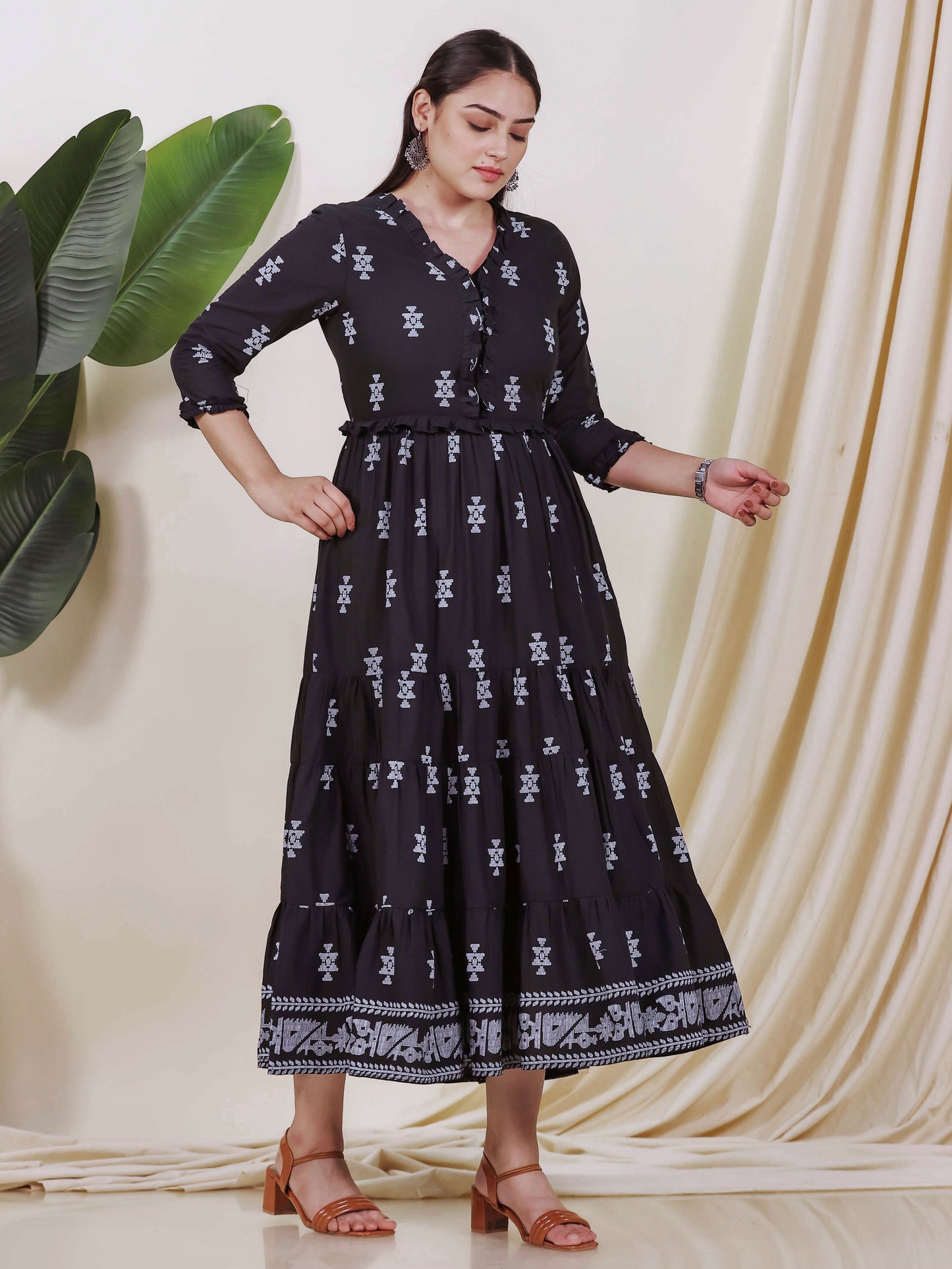 Soft Cotton Geometric Anarkali Black Dress