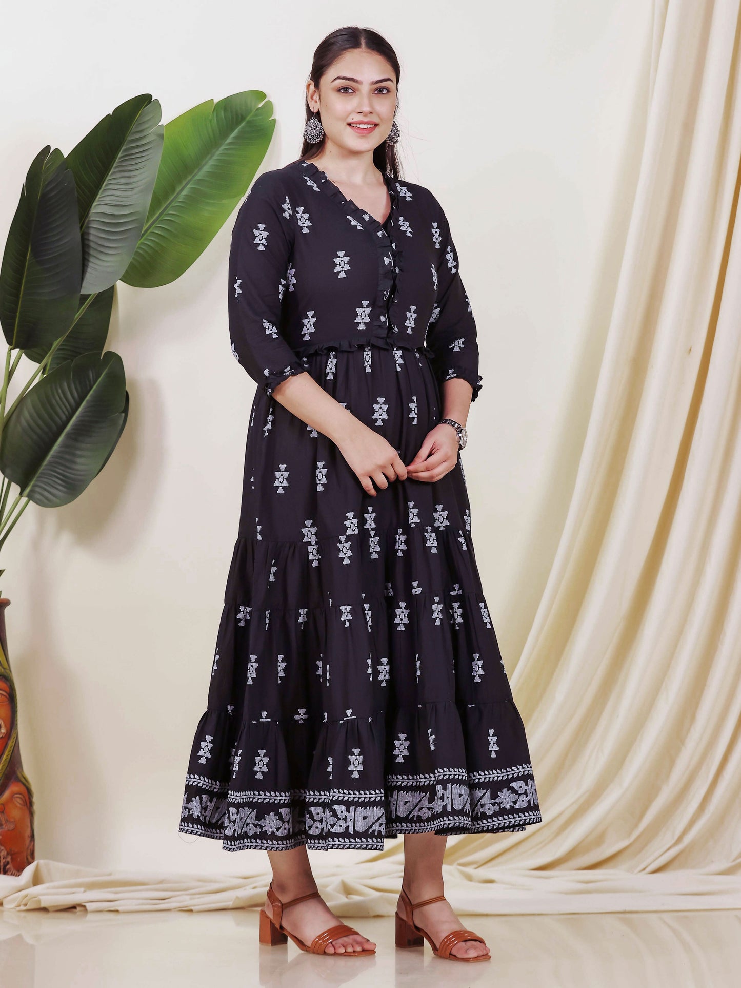 Soft Cotton Geometric Anarkali Black Dress