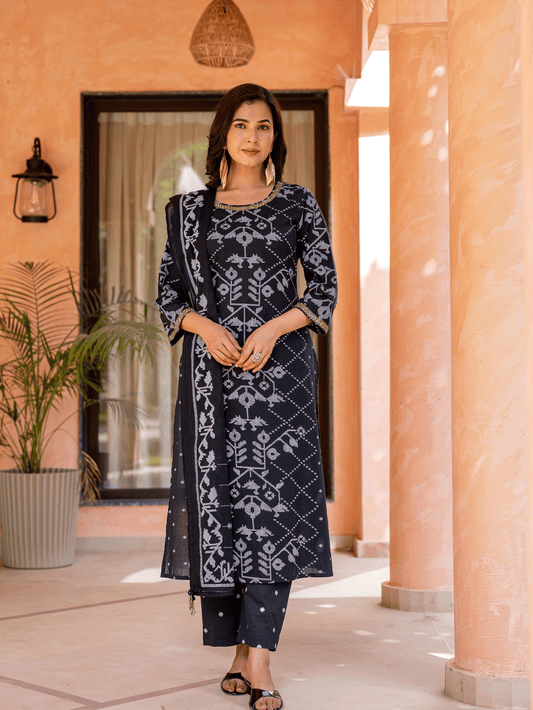 Cotton Voile Geometric Black Dupatta