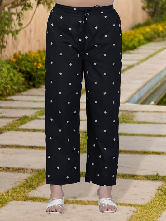 Soft Cotton Geometric Black Straight Trousers