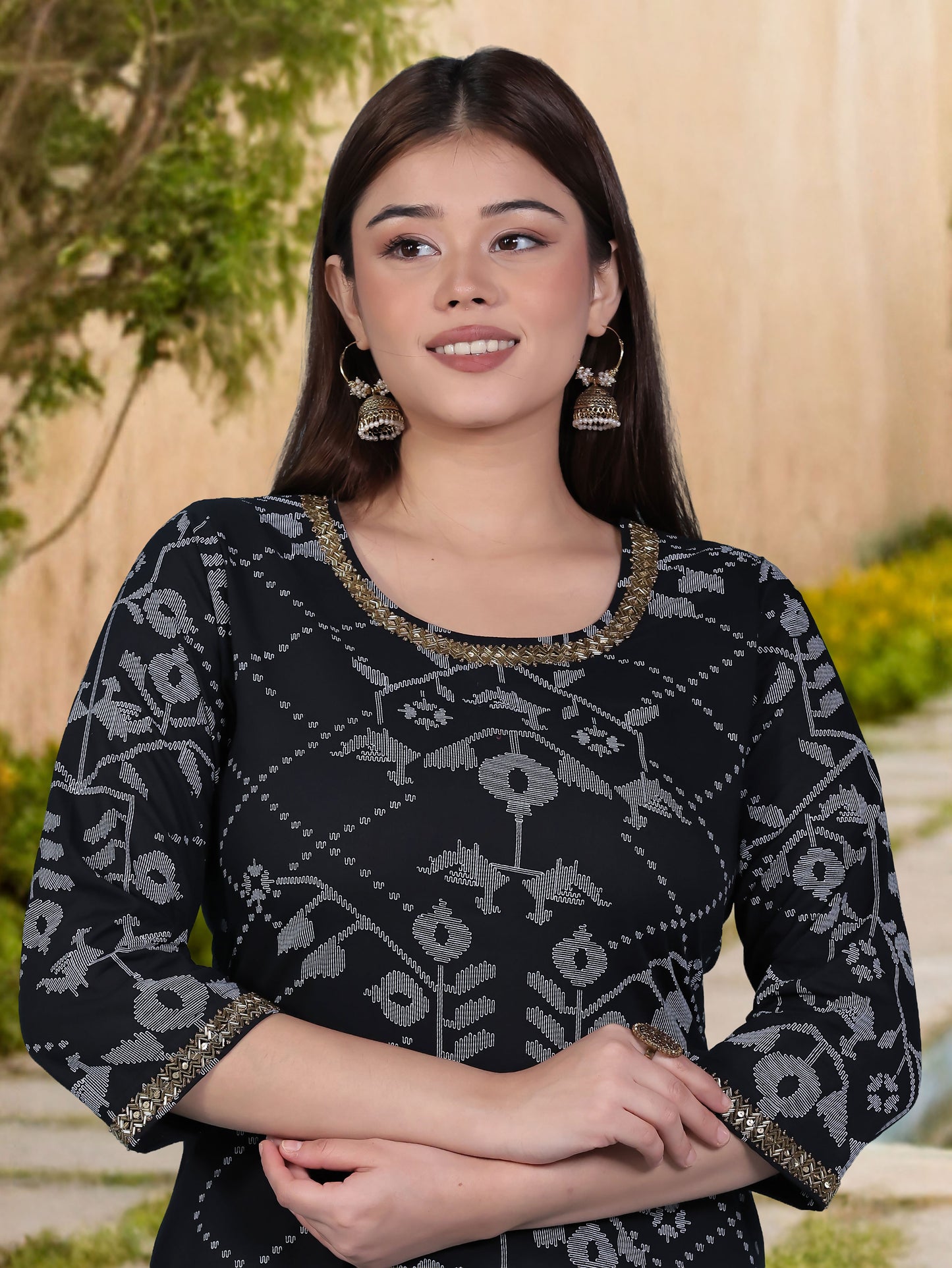Soft Cotton Geometric Straight Black Kurta