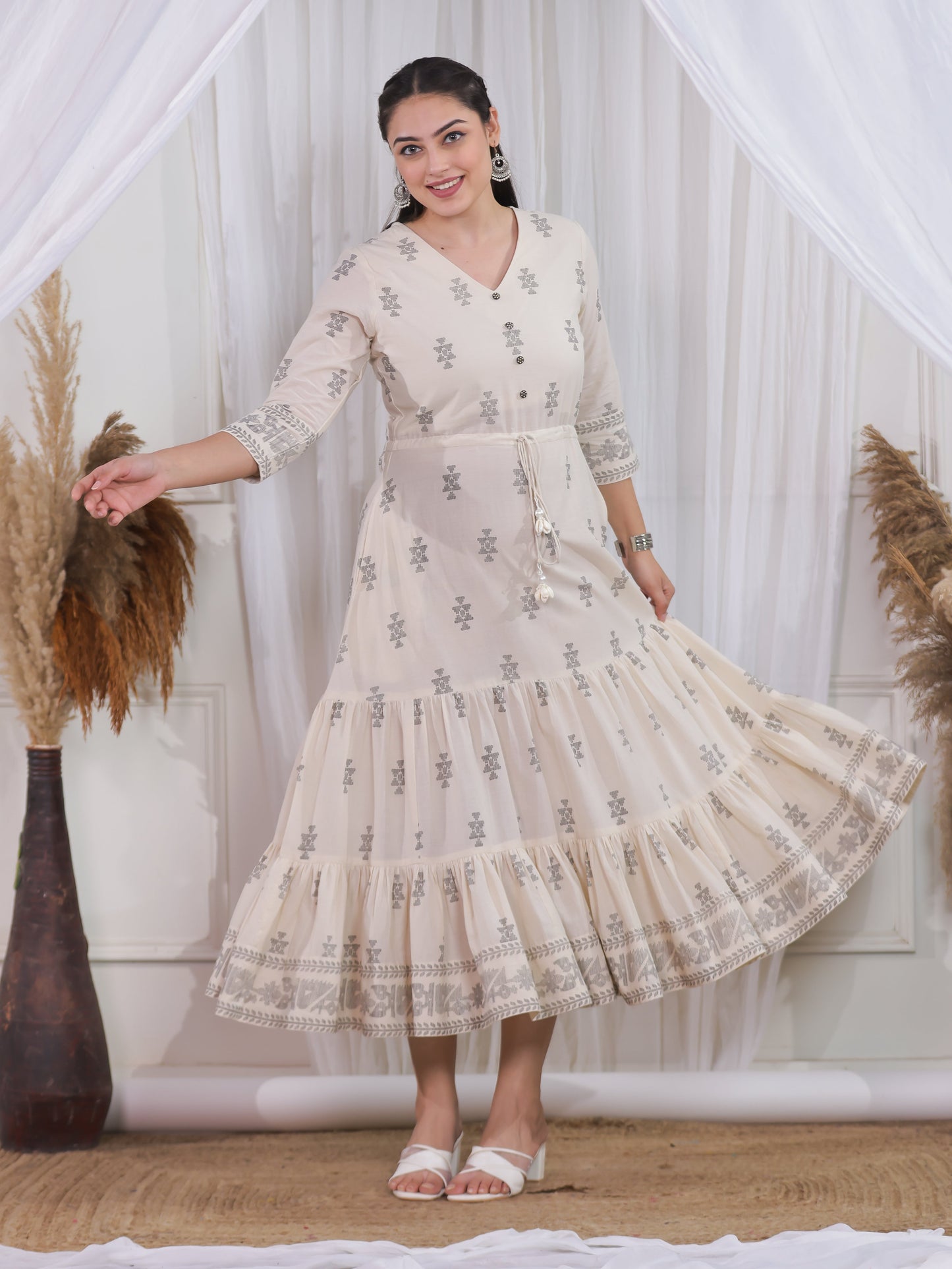 Soft Cotton Geometric Anarkali Off White Dress