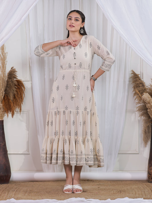 Soft Cotton Geometric Anarkali Off White Dress
