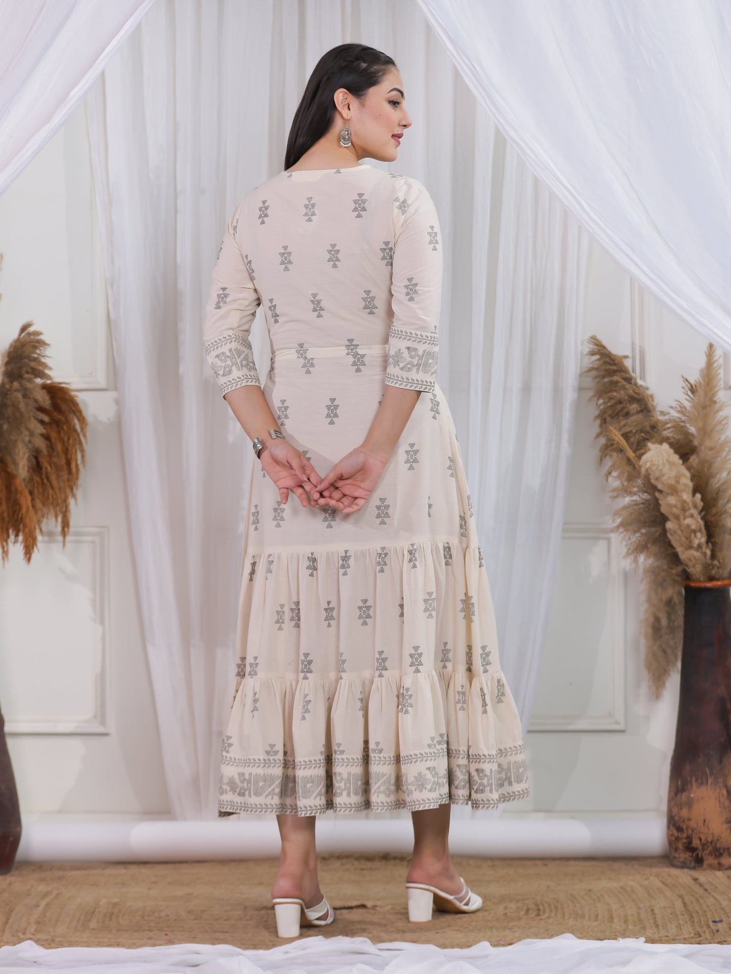 Soft Cotton Geometric Anarkali Off White Dress