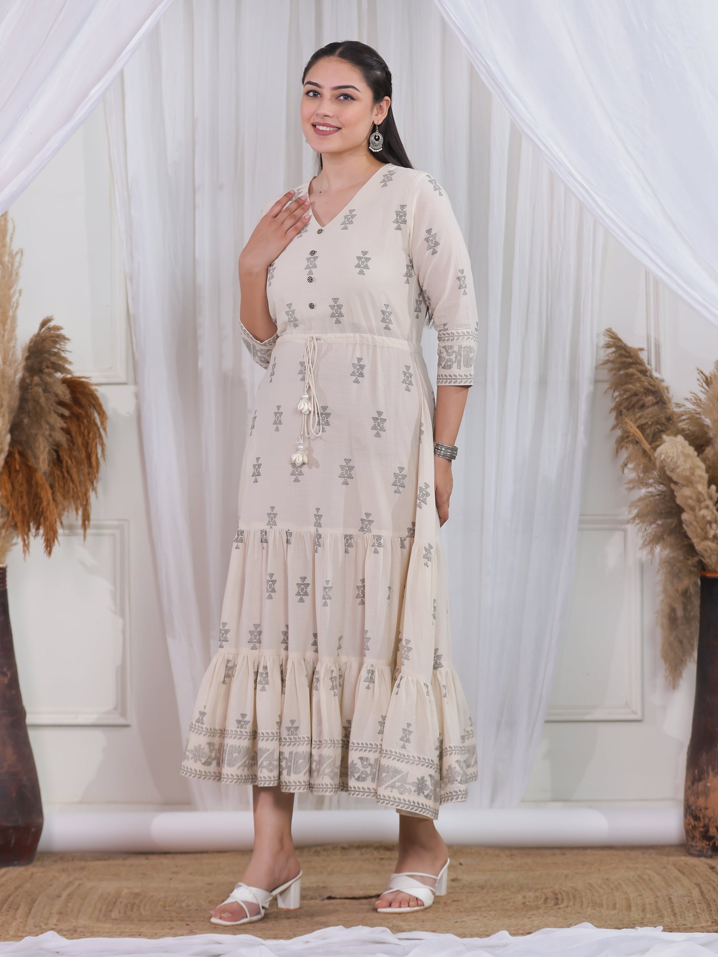 Soft Cotton Geometric Anarkali Off White Dress