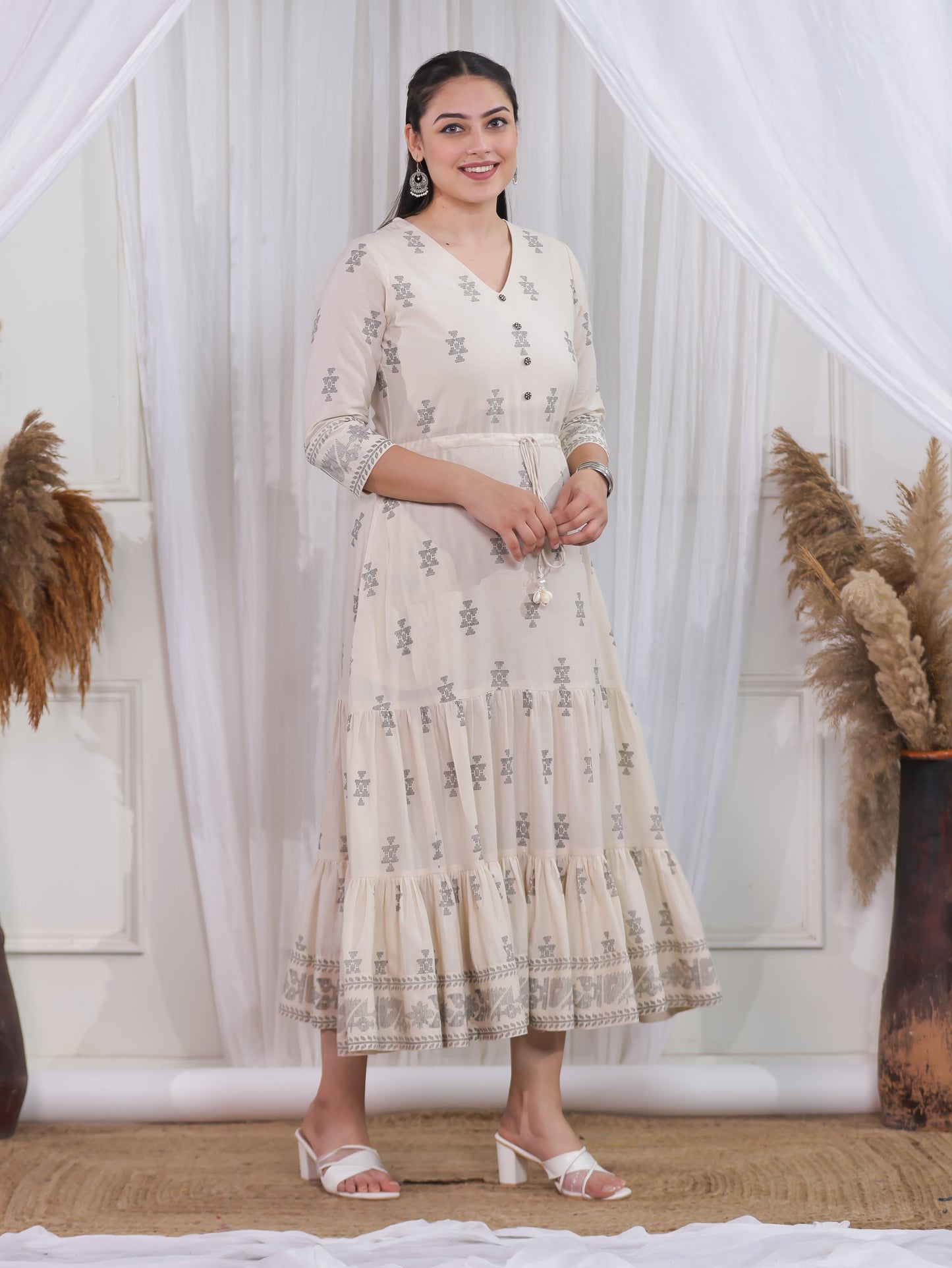 Soft Cotton Geometric Anarkali Off White Dress